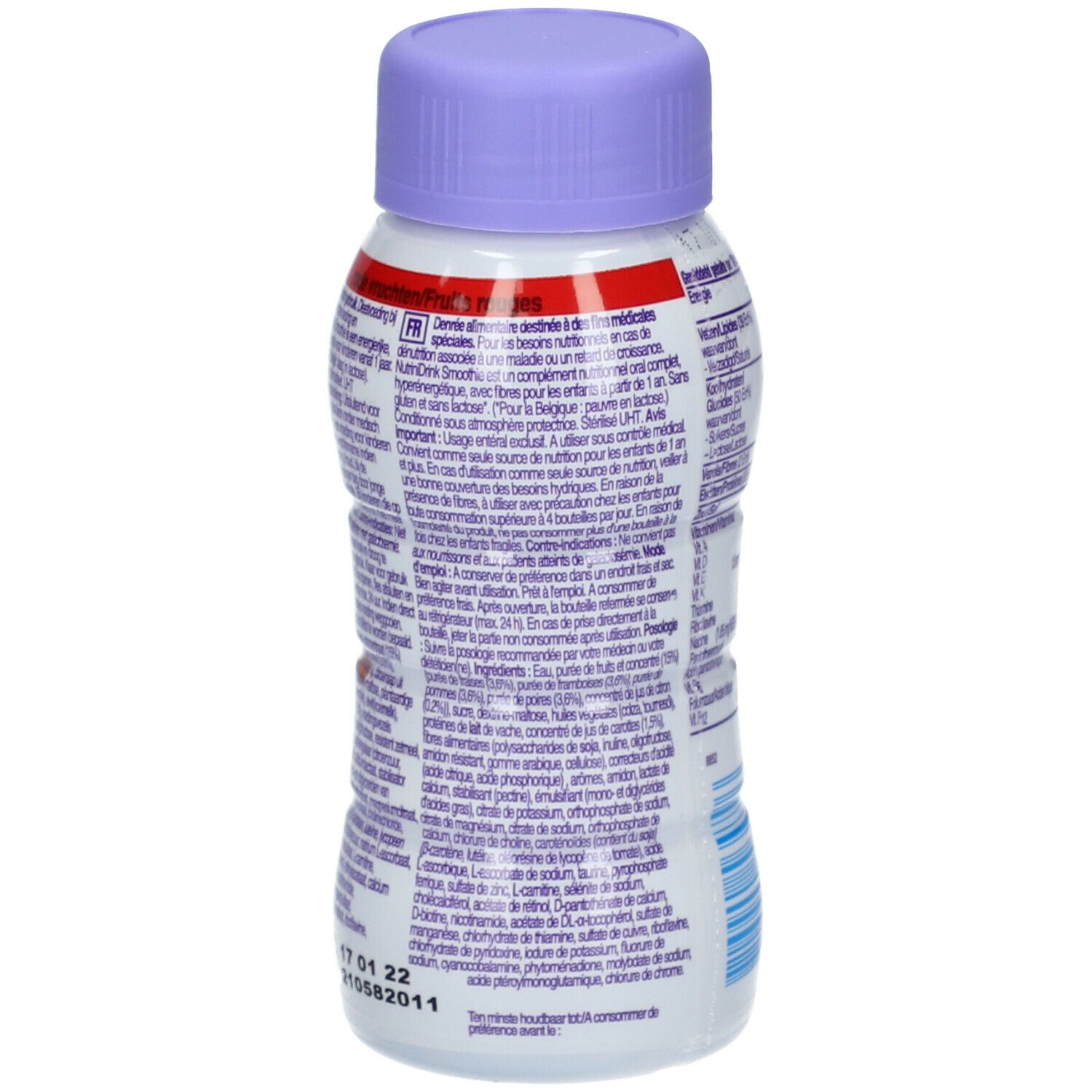 Dos de la bouteille Nutrinidrink Smoothie. Contient informations d'utilisation et ingrédients.