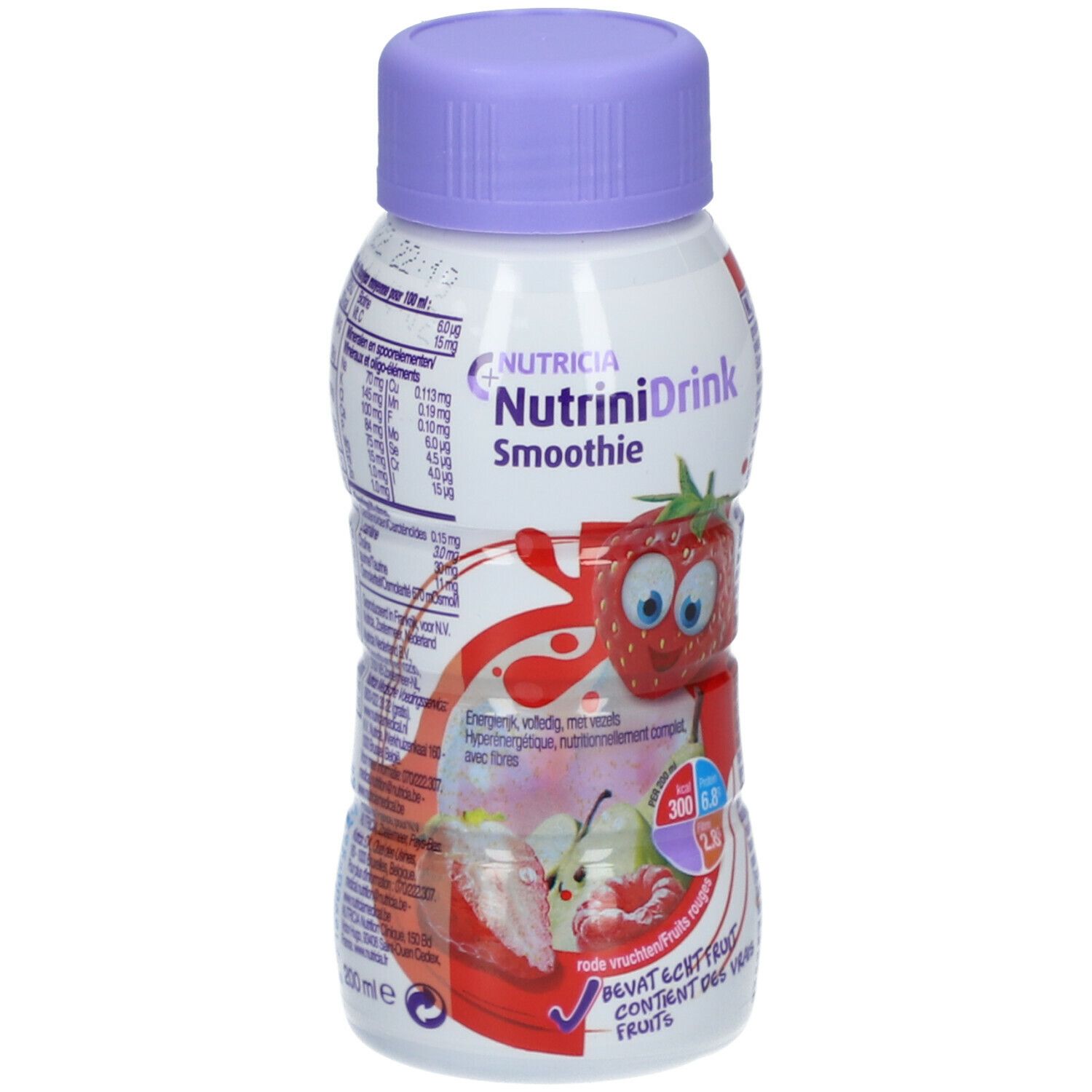 Bouteille Nutrinidrink Smoothie, illustration fraise. Bouchon violet, étiquette blanche avec informations nutritionnelles.