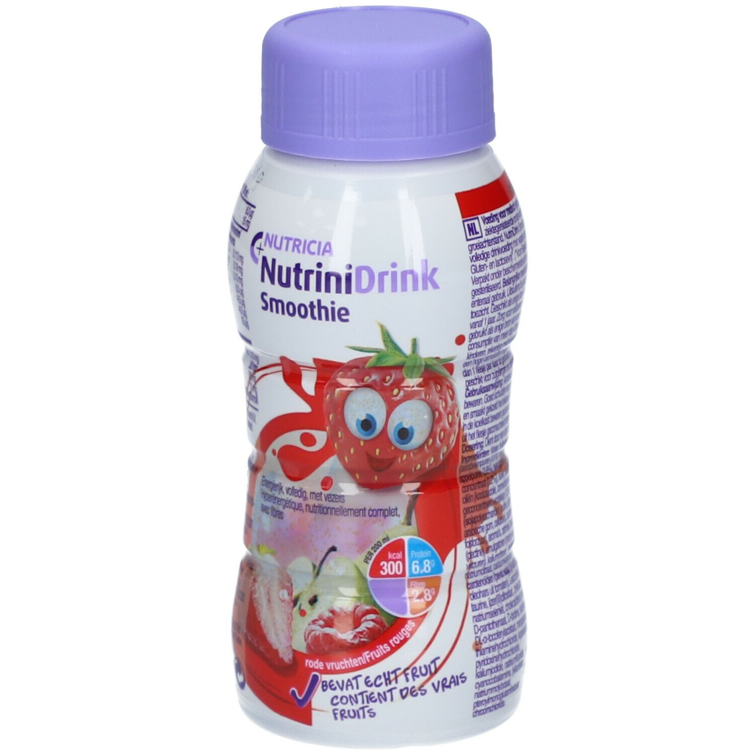 Bouteille Nutrinidrink Smoothie, illustration fraise. Bouchon violet, étiquette blanche avec informations nutritionnelles.