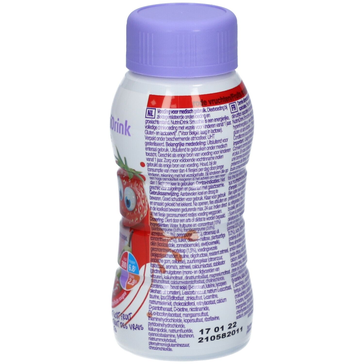 Dos de la bouteille Nutrinidrink Smoothie. Contient informations d'utilisation et ingrédients.