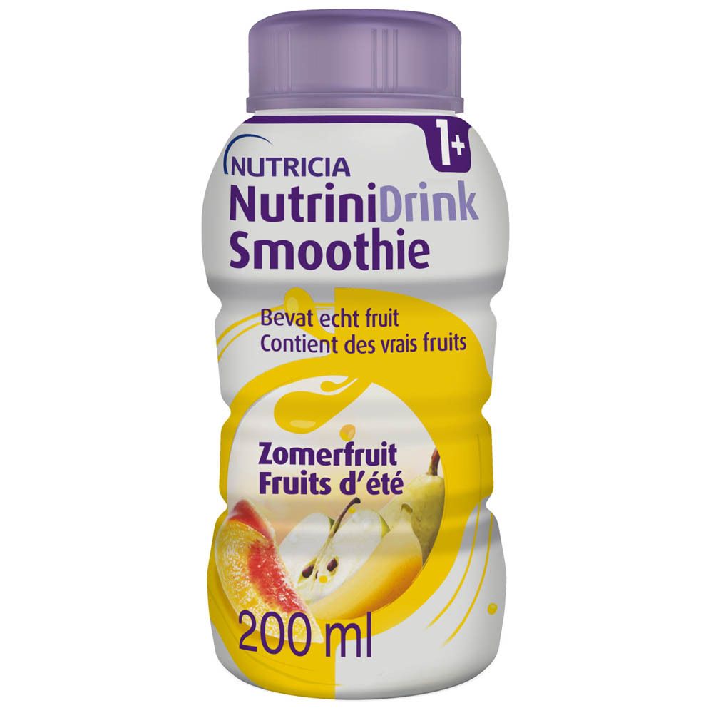 Fles Nutrinidrink Smoothie, paarse dop, geel etiket met fruit. Bevat echte vruchten. 200 ml.
