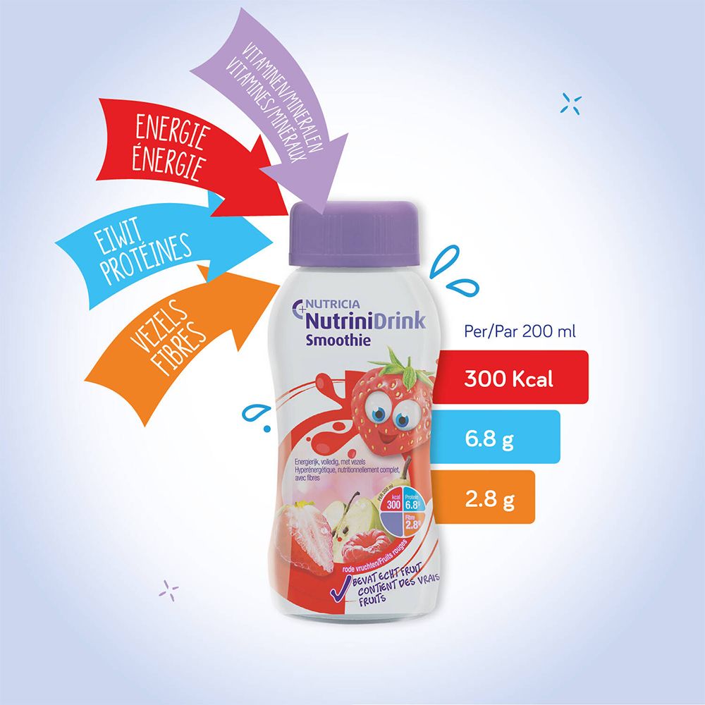Fles Nutrinidrink Smoothie, paarse dop. Energie, eiwitten, vezels en vitaminen/mineralen. Voedingsinfo per 200 ml.