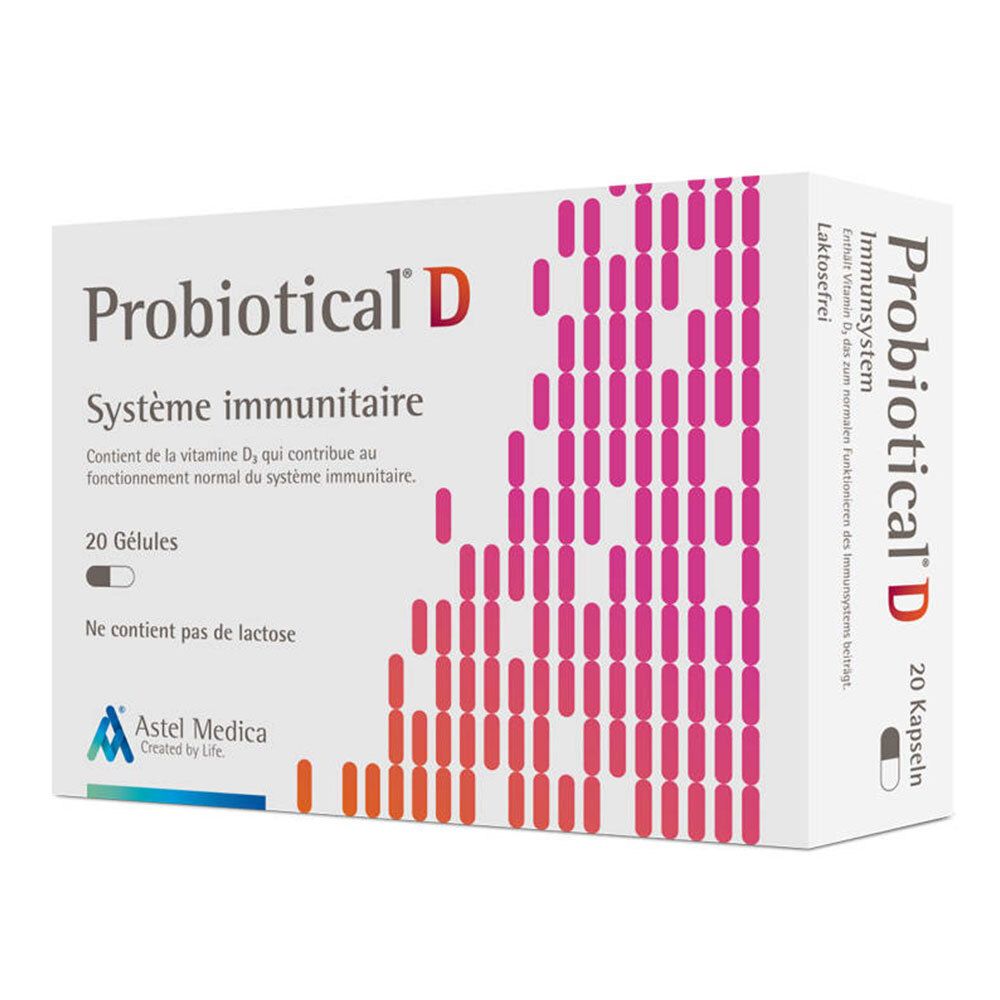 Schachtel mit Probiotical D. Enthält 20 Kapseln. Aufschrift: Système immunitaire, Astel Medica.