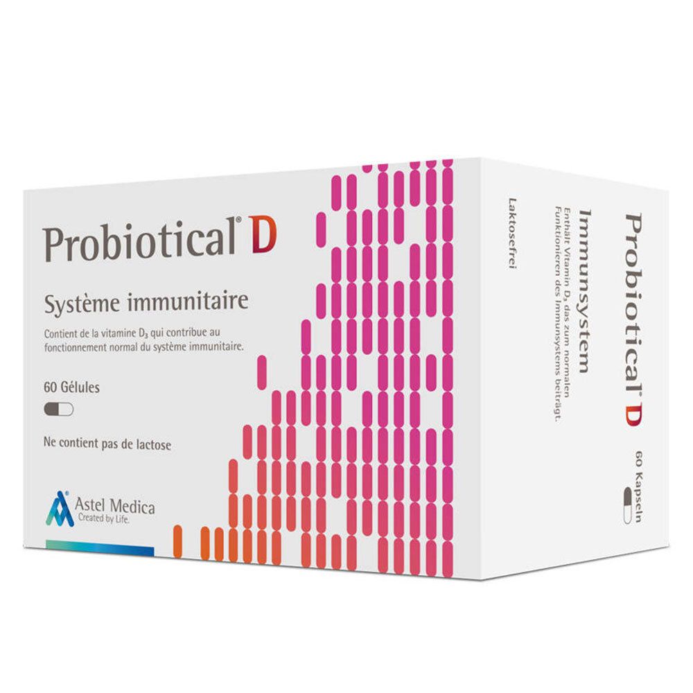 Boîte de Probiotical D, 60 gélules. Inscription: Système immunitaire, sans lactose. Logo Astel Medica.