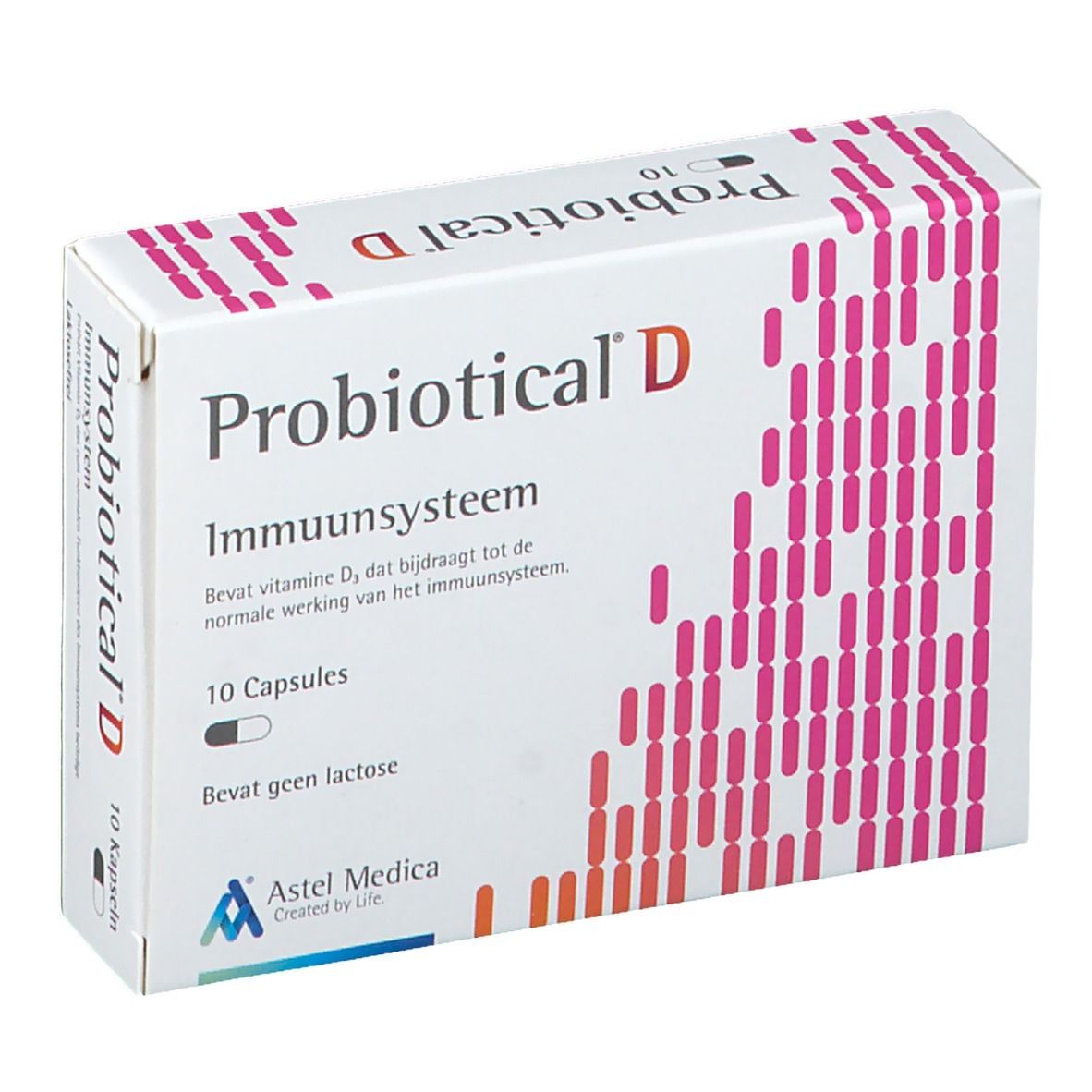 Boîte Probiotical D. Contient 10 capsules. Logo Astel Medica. Texte: Système immunitaire, Contient vitamine D3.