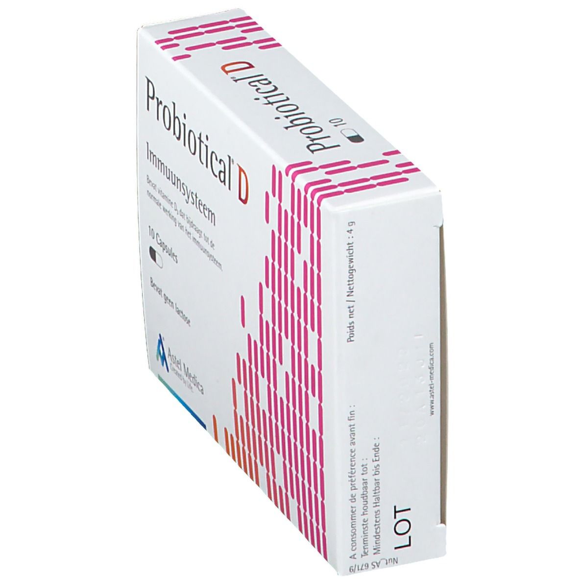 Boîte Probiotical D, vue latérale. Logo Astel Medica. Texte: Système immunitaire, Contient vitamine D3. 10 gélules.