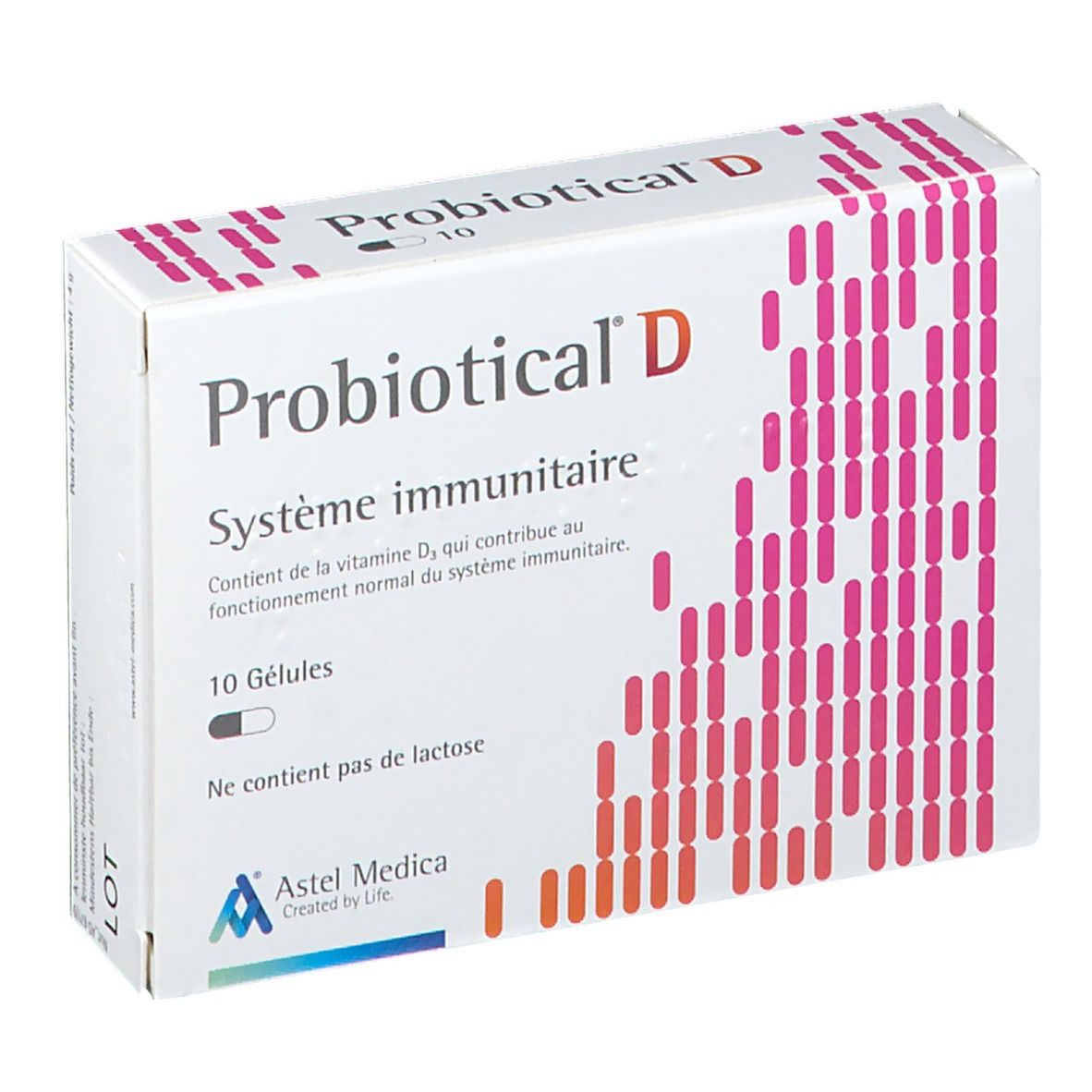 Boîte Probiotical D. Texte: Système immunitaire, Contient vitamine D3. Contient 10 gélules. Logo Astel Medica.