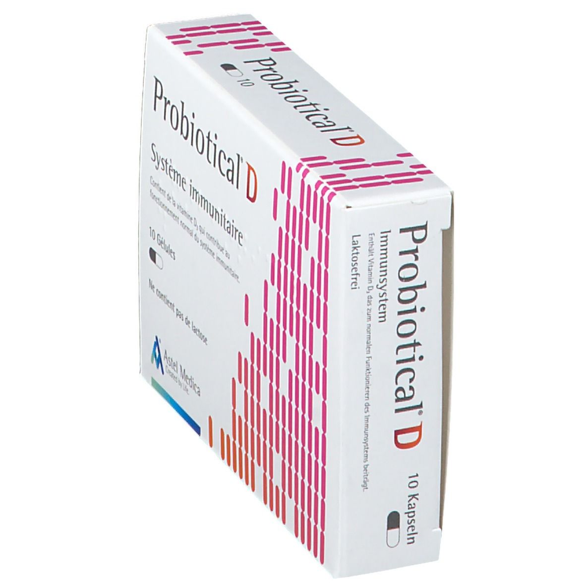 Boîte Probiotical D, vue latérale. Texte: Système immunitaire, Sans lactose. Contient 10 gélules. Logo Astel Medica.