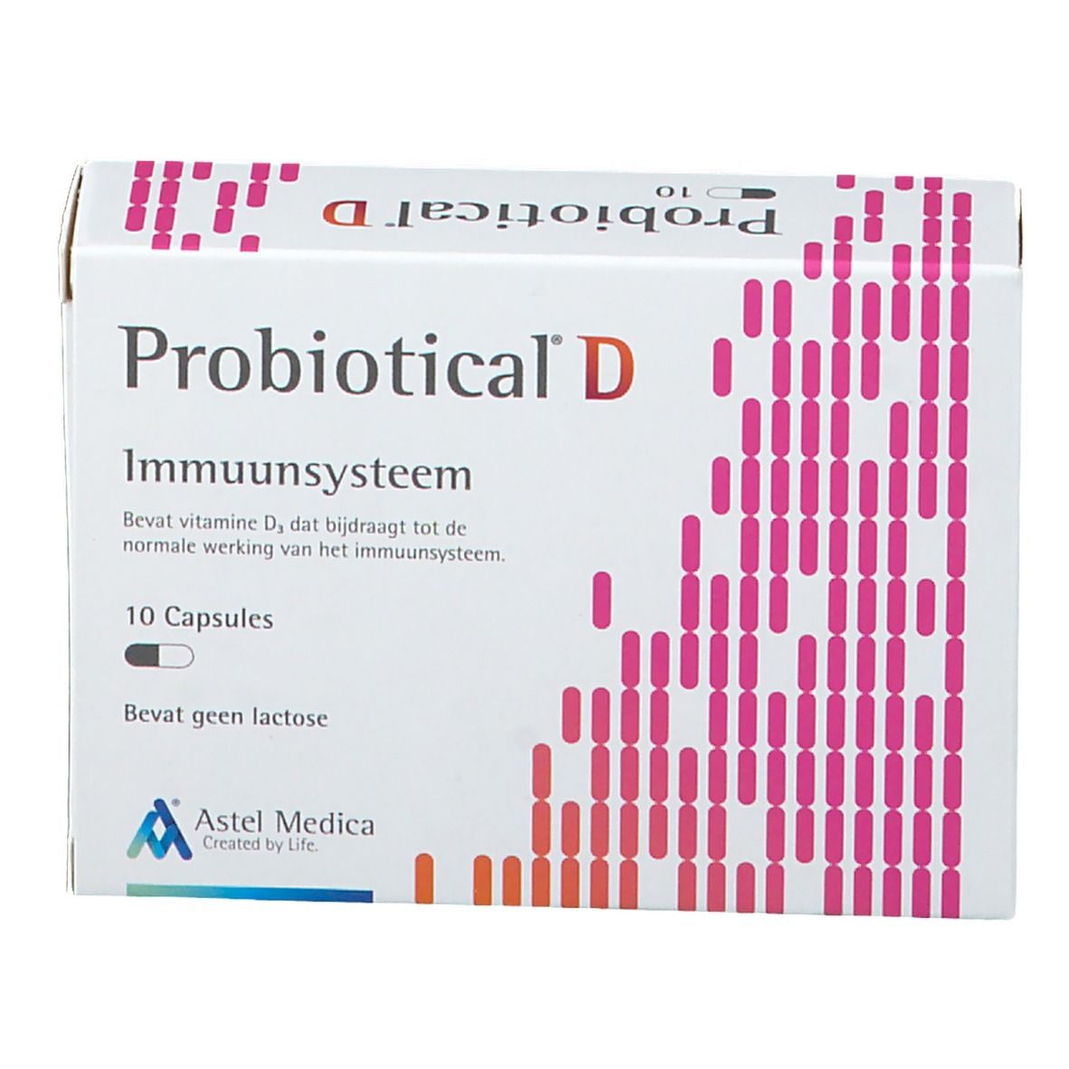 Boîte Probiotical D. Contient 10 capsules. Logo Astel Medica. Texte: Système immunitaire, Contient vitamine D3.