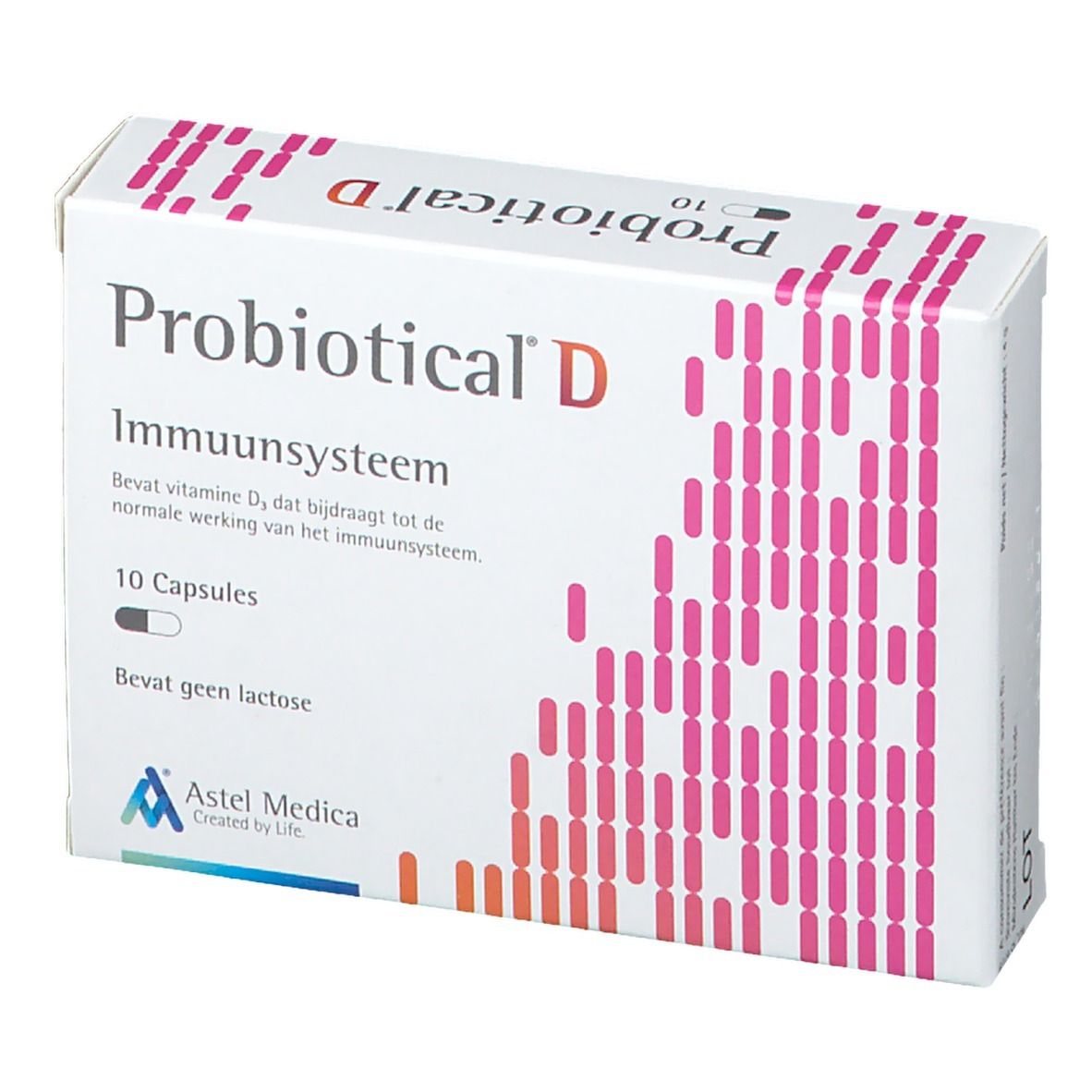 Boîte Probiotical D. Contient 10 capsules. Logo Astel Medica. Texte: Système immunitaire, Contient vitamine D3.