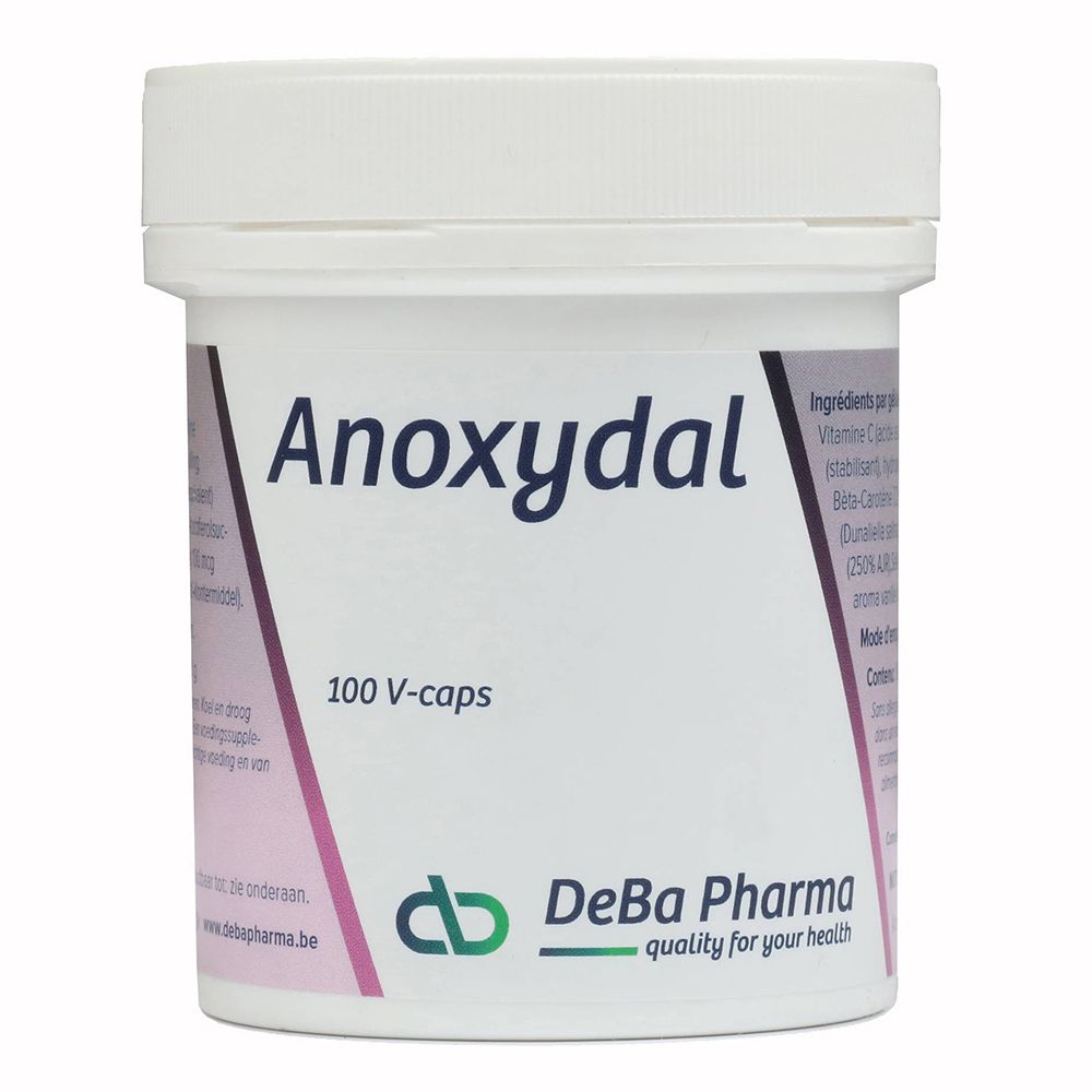 Boîte blanche avec 'Anoxydal' et '100 V-caps'. Logo DeBa Pharma.