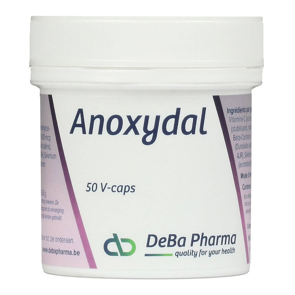 Pot blanc avec Anoxydal, 50 V-caps. Logo DeBa Pharma. Liste des ingrédients et informations sur le pot.