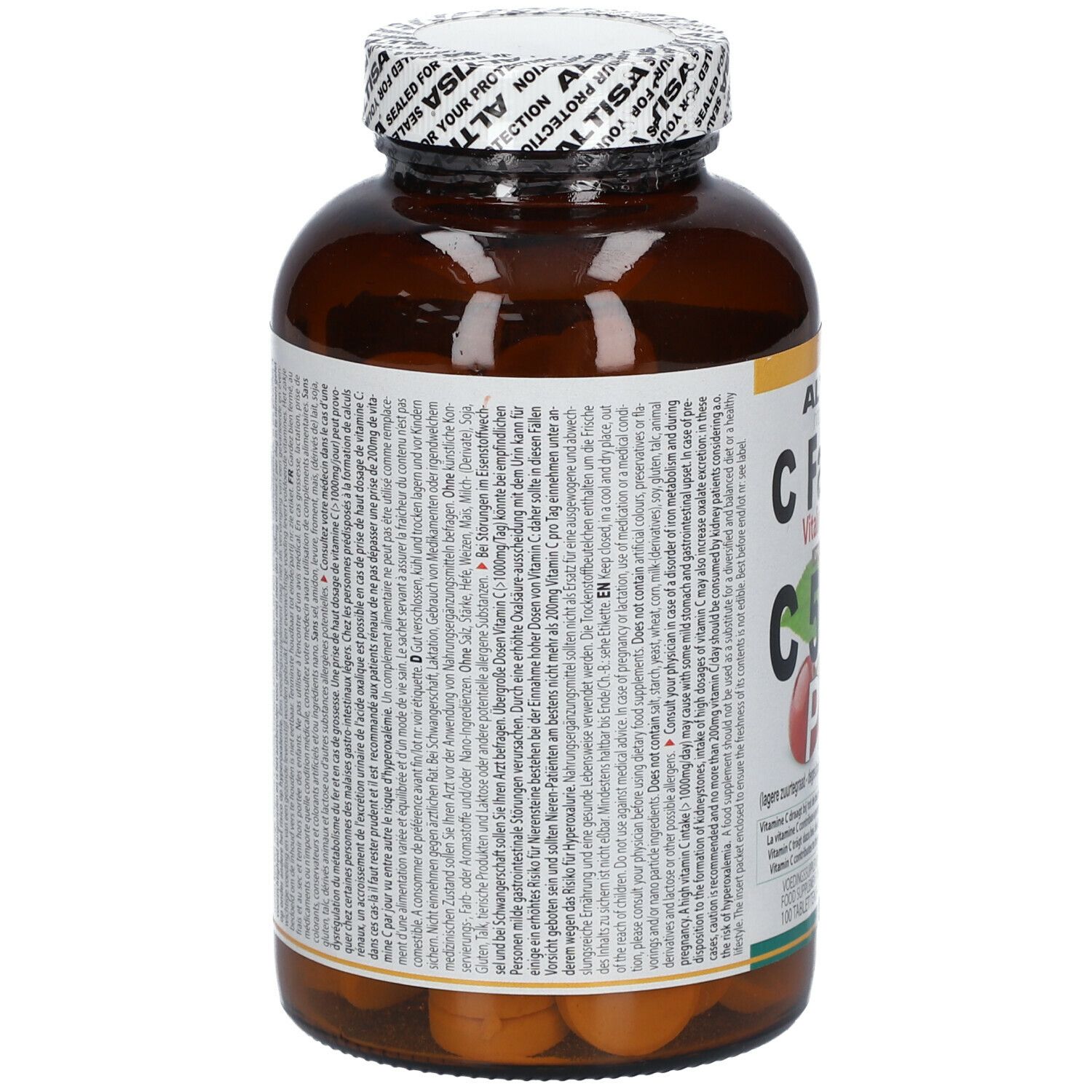 Dos d'une bouteille marron avec des étiquettes blanches. Texte en plusieurs langues. Contient des informations sur le produit.