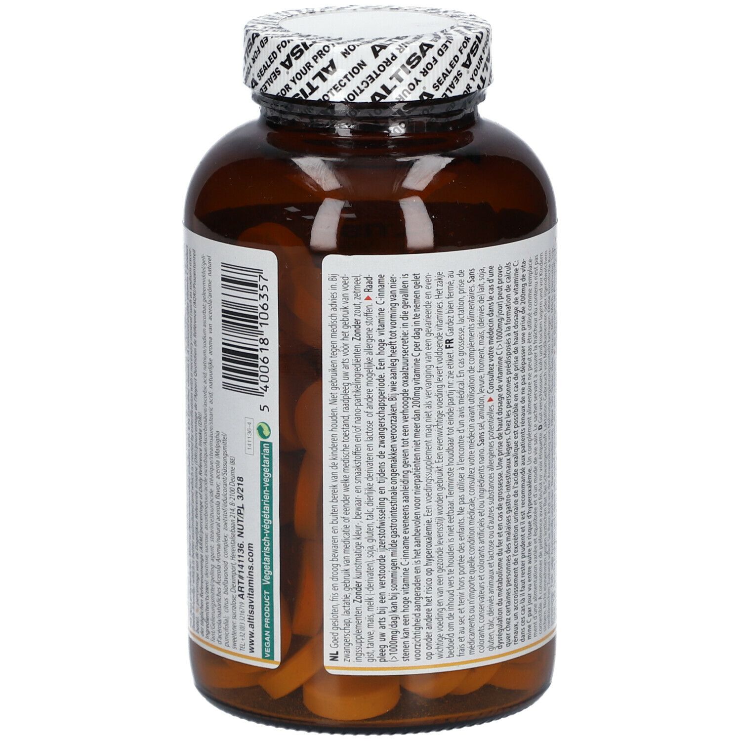 Dos d'une bouteille marron avec des étiquettes blanches. Texte en plusieurs langues. Contient des informations sur le produit.