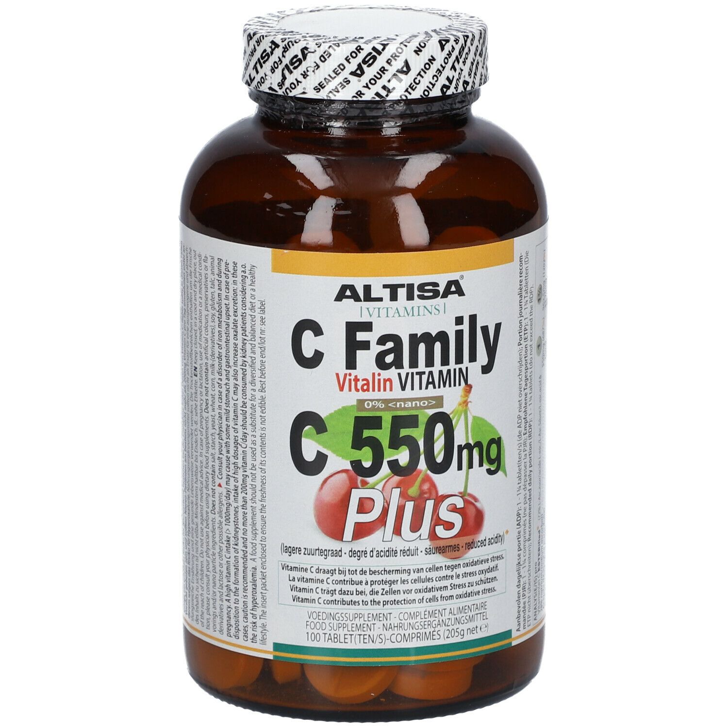 Flacon brun avec étiquettes blanches et jaunes. L'étiquette indique "ALTISA C Family Vitalin Vitamin C 550mg Plus".