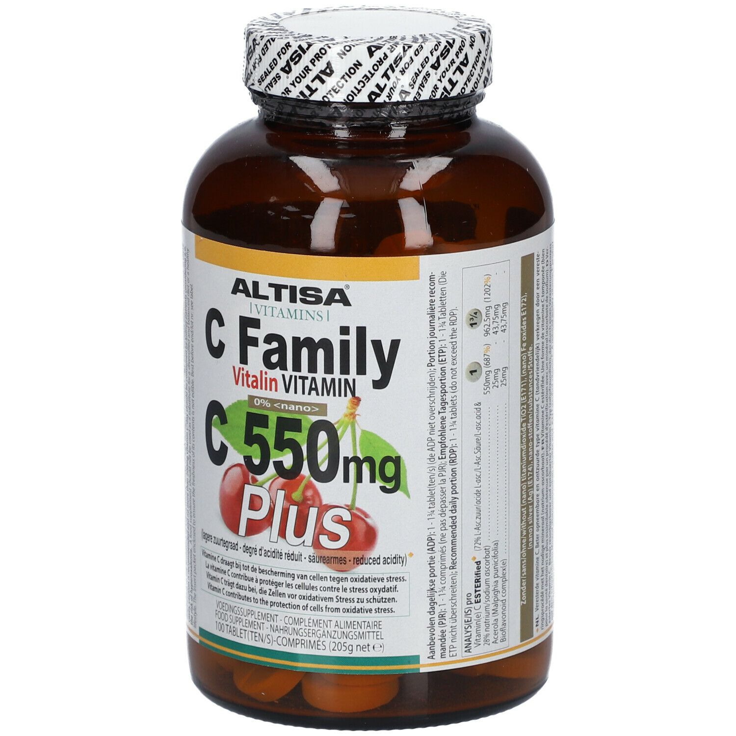 Flacon brun avec étiquettes blanches et jaunes. L'étiquette indique "ALTISA C Family Vitalin Vitamin C 550mg Plus".