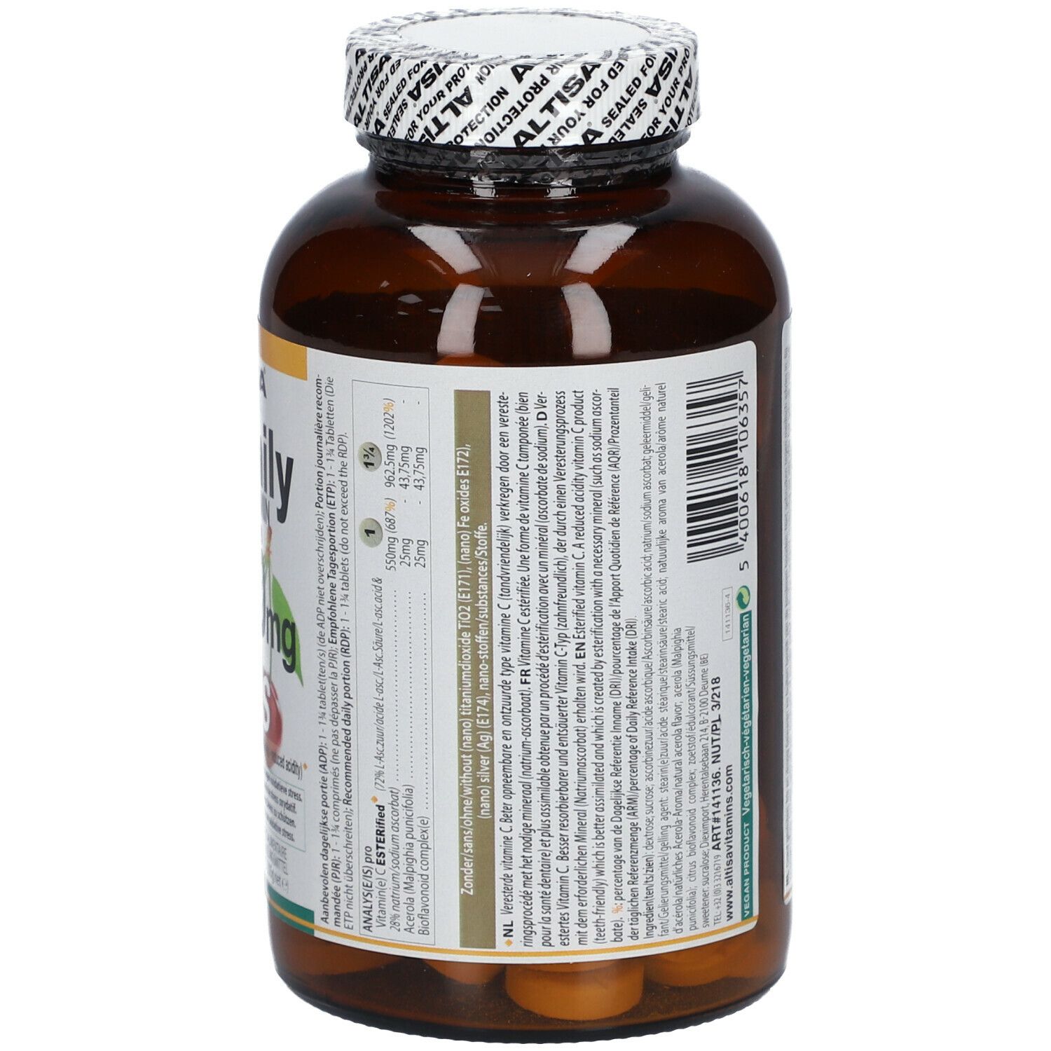 Dos d'une bouteille marron avec des étiquettes blanches. Texte en plusieurs langues. Contient des informations sur le produit.