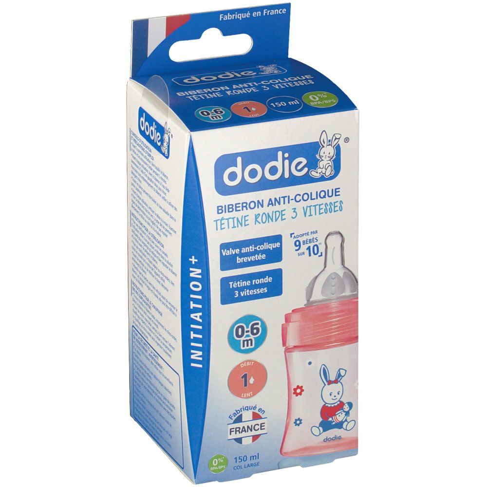 Boîte de biberon dodie®. Inscription: Biberon anti-colique, 150 ml, 0-6 mois. Biberon rose avec motifs et tétine.
