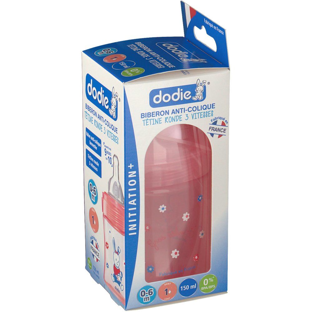 Boîte de biberon dodie®. Inscription: Biberon anti-colique, 150 ml, 0-6 mois. Biberon visible à travers une fenêtre.