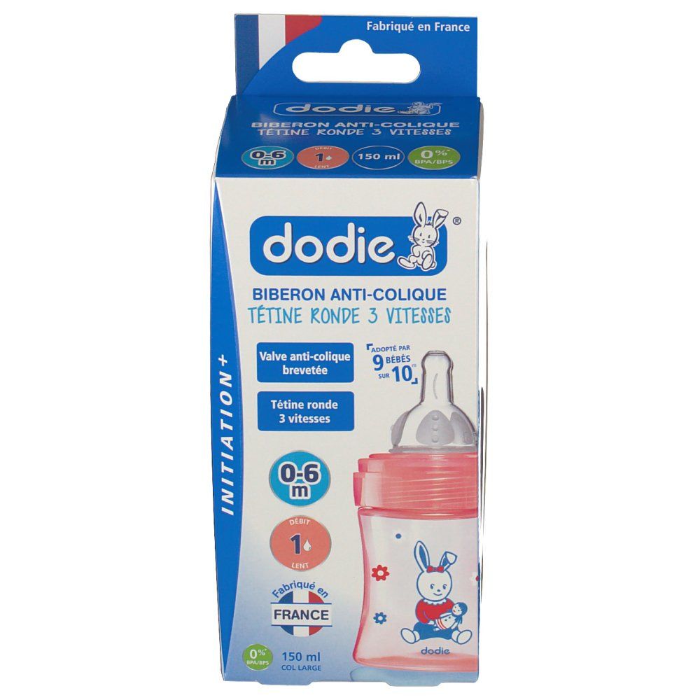 Boîte de biberon dodie®. Inscription: Biberon anti-colique, 150 ml, 0-6 mois. Biberon avec tétine.
