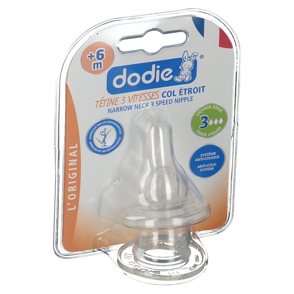 Tétine transparente en blister. Inscriptions : +6m, dodie®, 3 vitesses, système anti-colique.