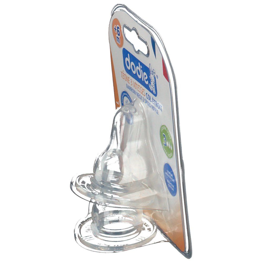 Tétine en blister, vue latérale. Inscriptions : dodie®, 3 vitesses, système anti-colique.