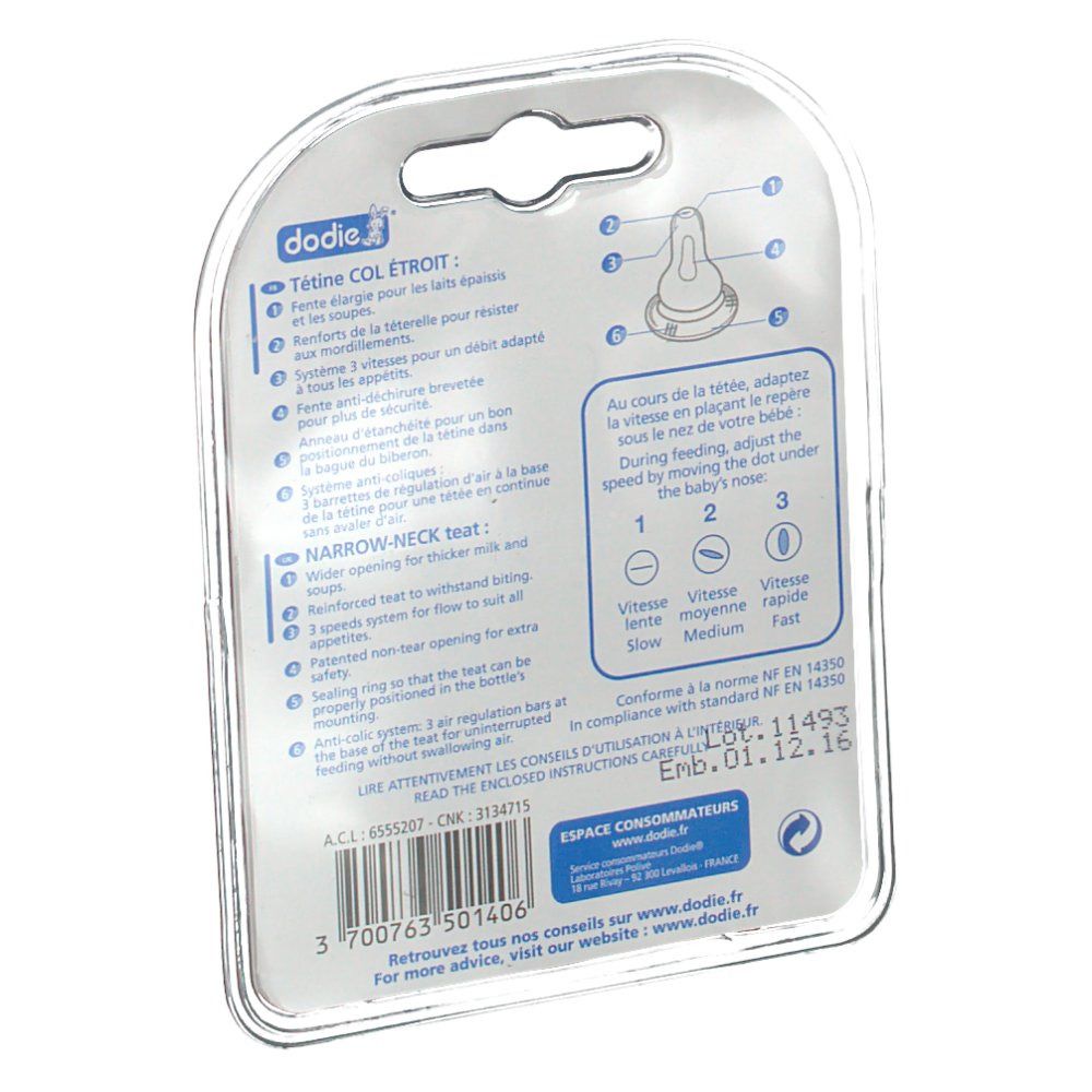 Dos du blister. Texte : instructions d'utilisation, logo dodie®, informations sur le réglage de la vitesse.