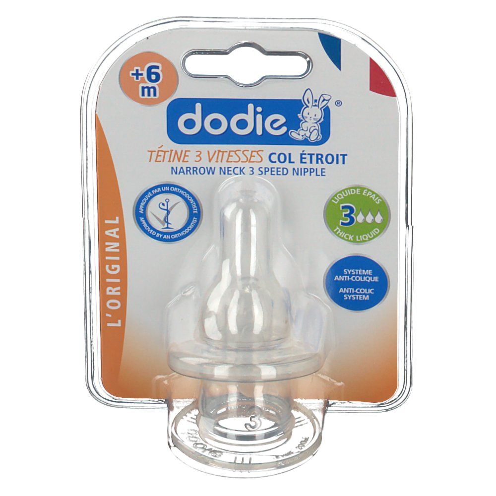 Tétine transparente en blister. Inscriptions : +6m, dodie®, 3 vitesses, système anti-colique.