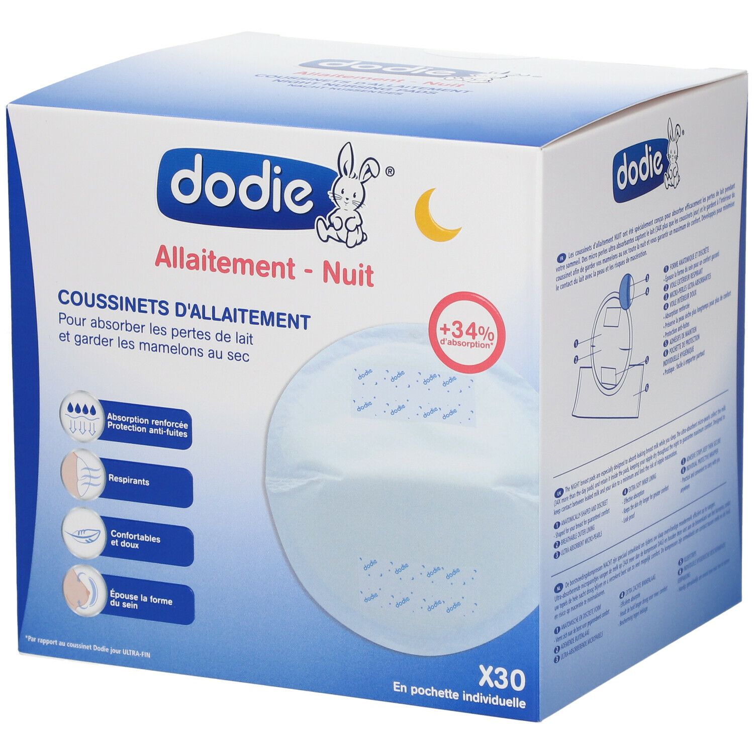 Boîte de coussinets d'allaitement Dodie® Nuit, x30. Logo, lune et lapin. Absorption renforcée, respirant, doux.