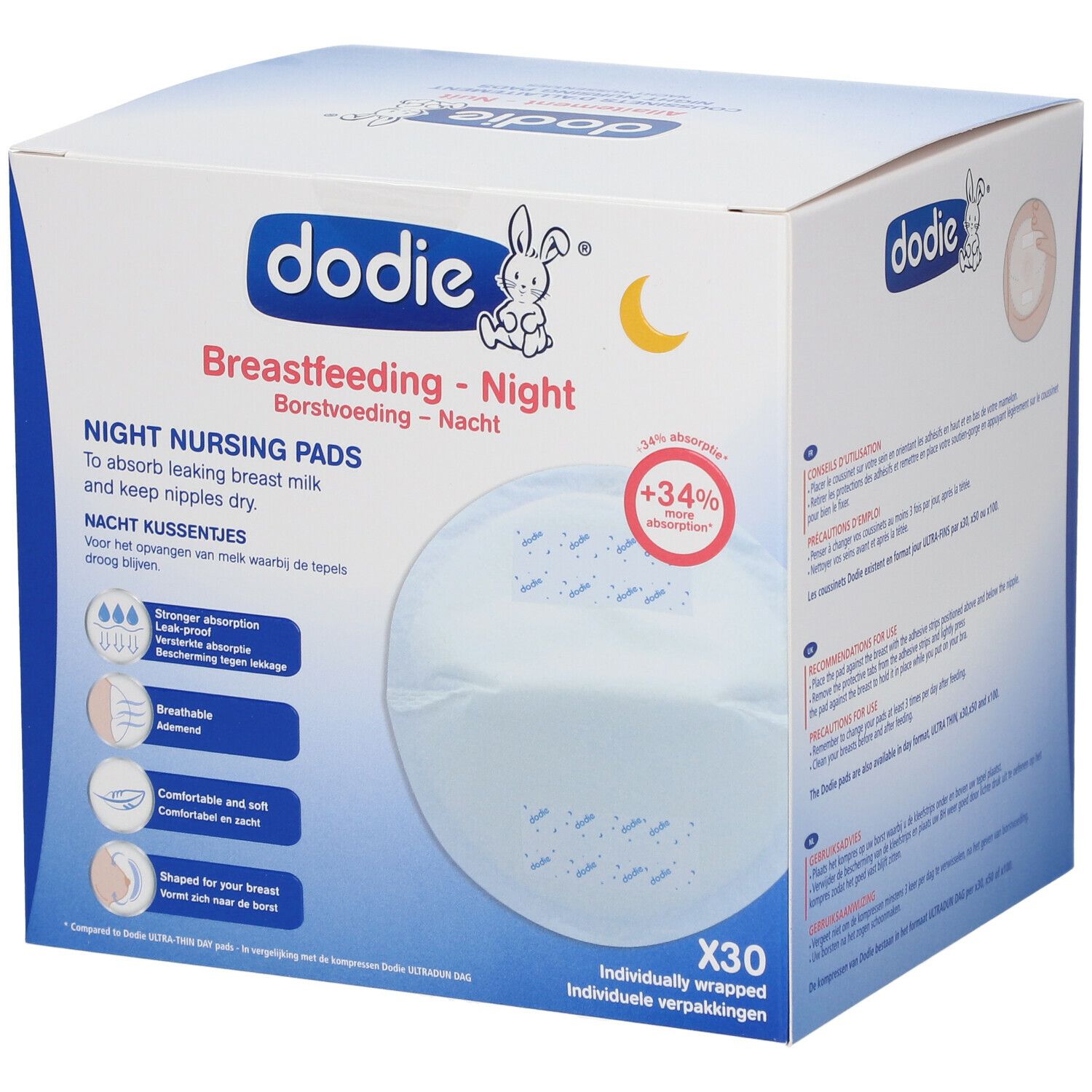 Boîte de coussinets d'allaitement Dodie® Nuit, x30. Logo, lune et lapin. Caractéristiques: absorption renforcée, respirant.