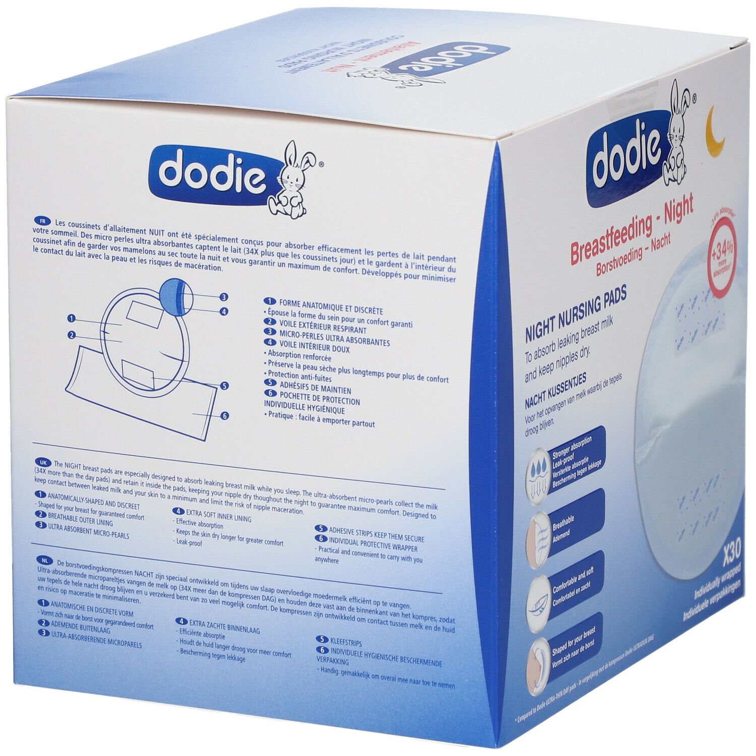 Boîte de coussinets d'allaitement Dodie® Nuit, x30. Logo, lune et lapin. Caractéristiques et illustrations.