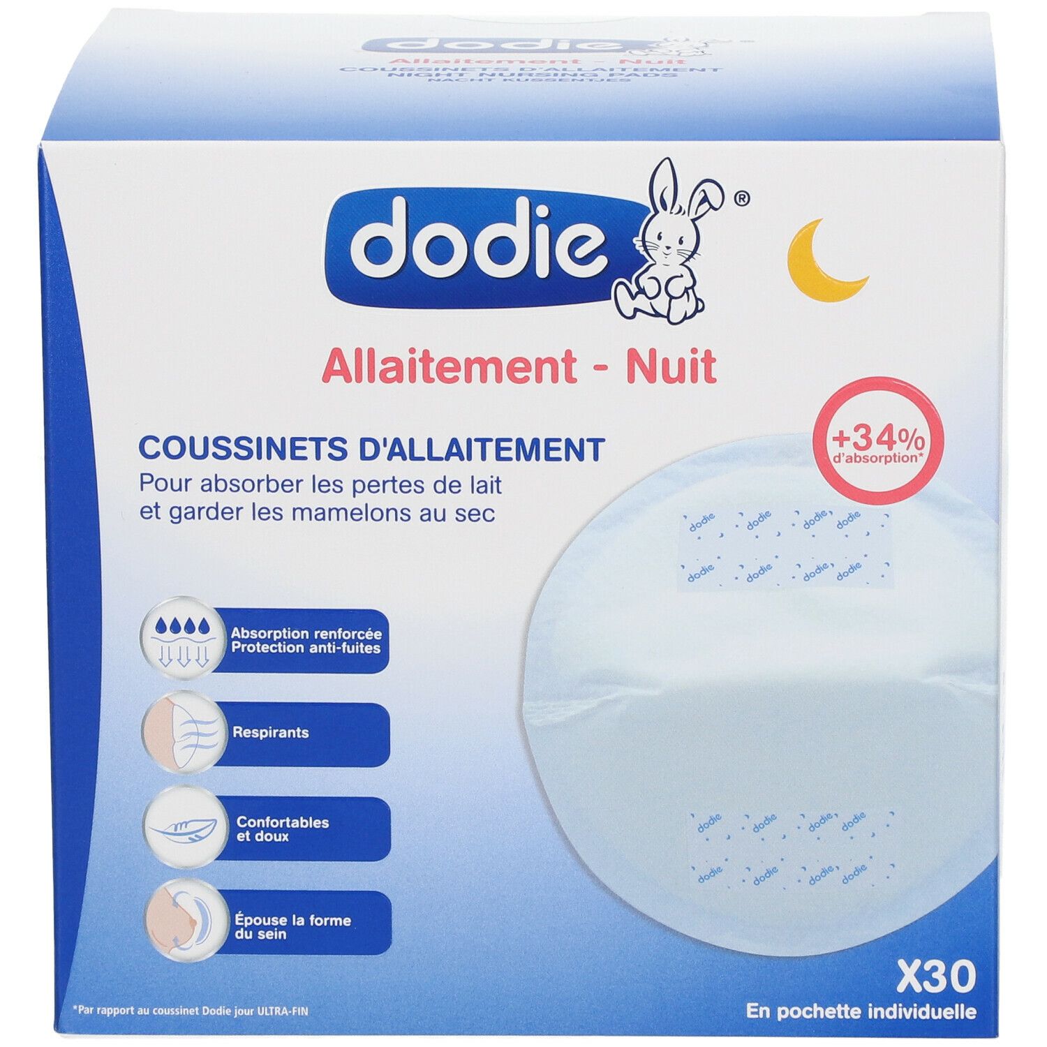 Boîte de coussinets d'allaitement Dodie® Nuit, x30. Logo, lune et lapin. Caractéristiques du produit.