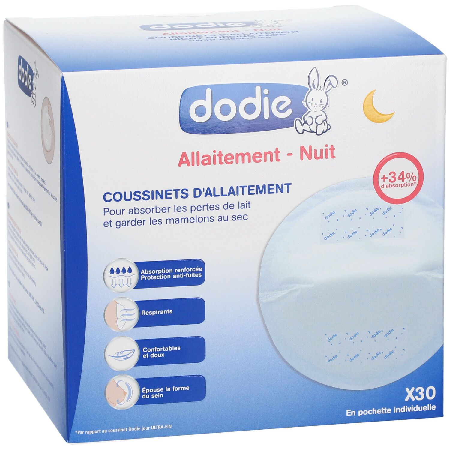 Boîte de coussinets d'allaitement Dodie® Nuit, x30. Logo, lune et lapin. Emballage individuel.