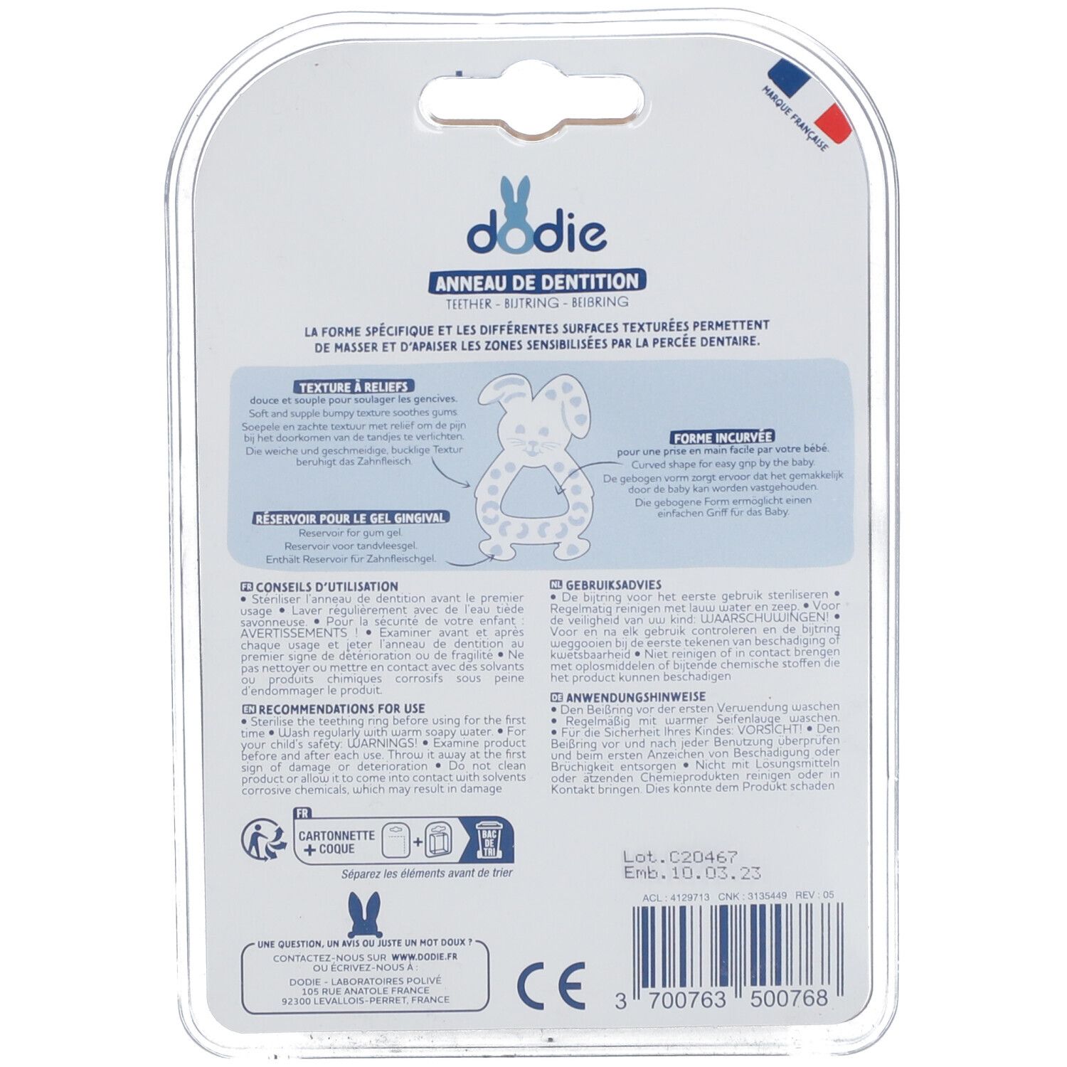 Rückseite der Verpackung des Beißrings. Text: "dodie® Anneau de dentition". Informationen zur Anwendung und Inhaltsstoffe.