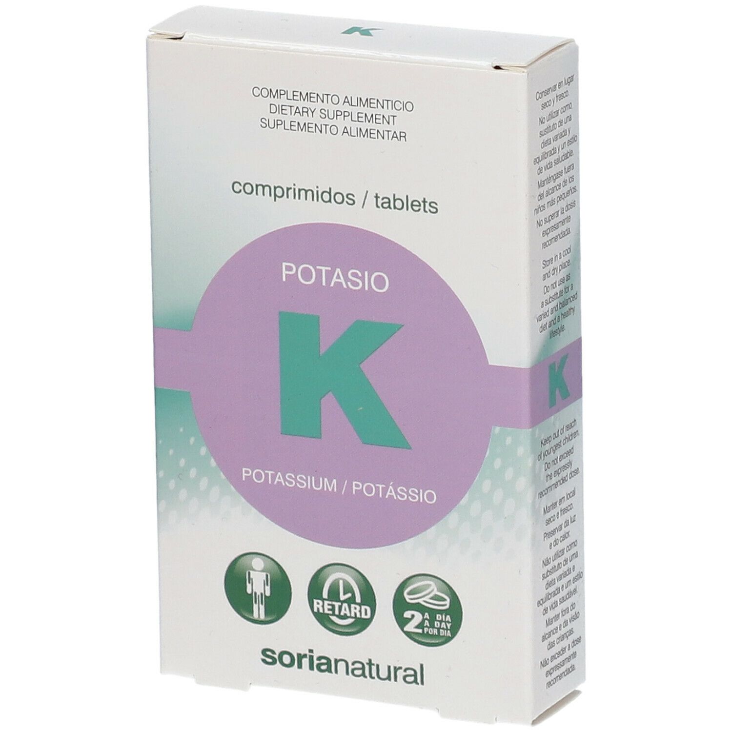 Boîte de comprimés Potasio K, potassium. Design vert et violet. Logo Soria Natural. Symboles de comprimés et d'utilisation.