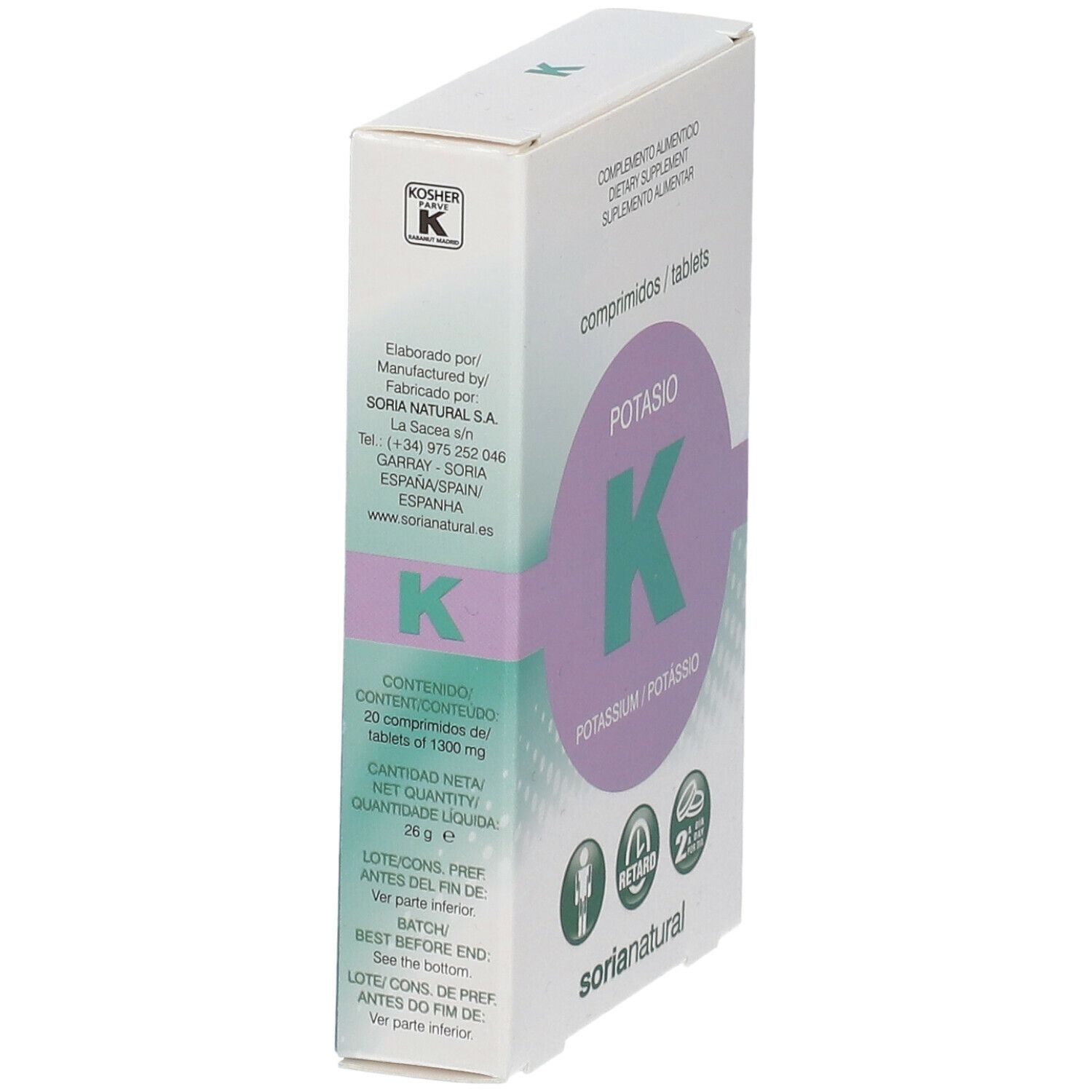 Boîte de comprimés Potasio K, potassium. Design vert et violet. Logo Soria Natural. Certification casher.