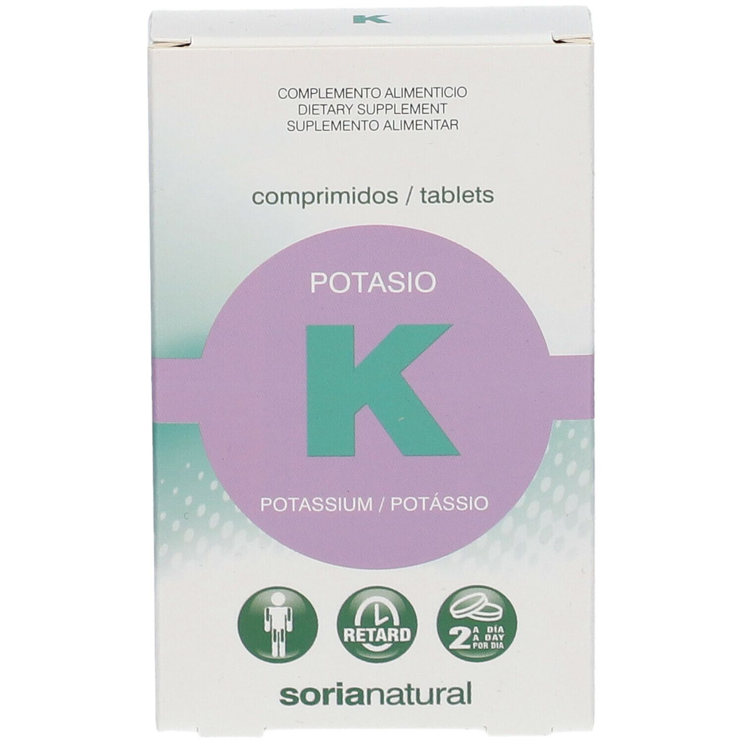 Boîte de comprimés Potasio K, potassium. Design vert et violet. Logo Soria Natural. Symboles de comprimés et d'utilisation.