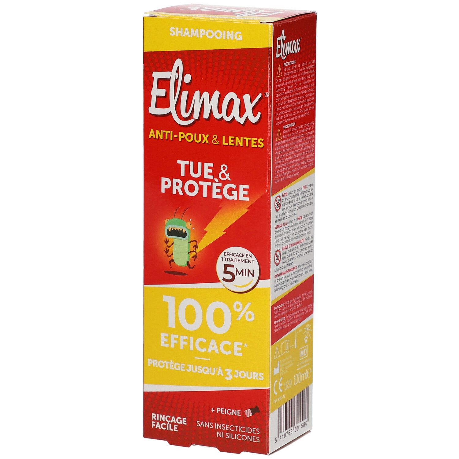 Elimax shampoo verpakking. Rode en gele doos met productnaam en logo's. Tekst: TUE & PROTEGE, 100% EFFICACE, effectief in 5 min.