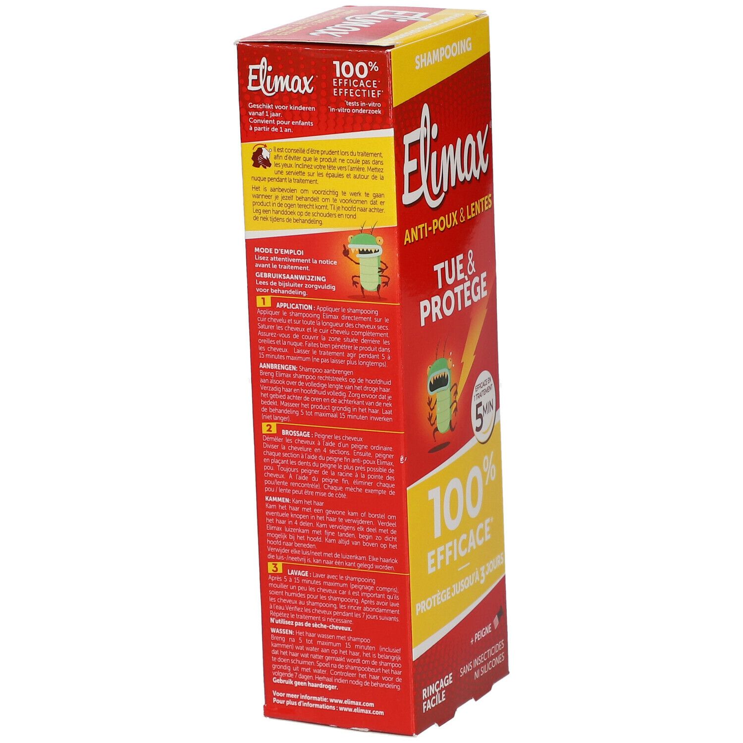 Zijaanzicht van de Elimax shampoo verpakking. Rode doos met tekst en logo's. Bevat informatie over het product en gebruik.