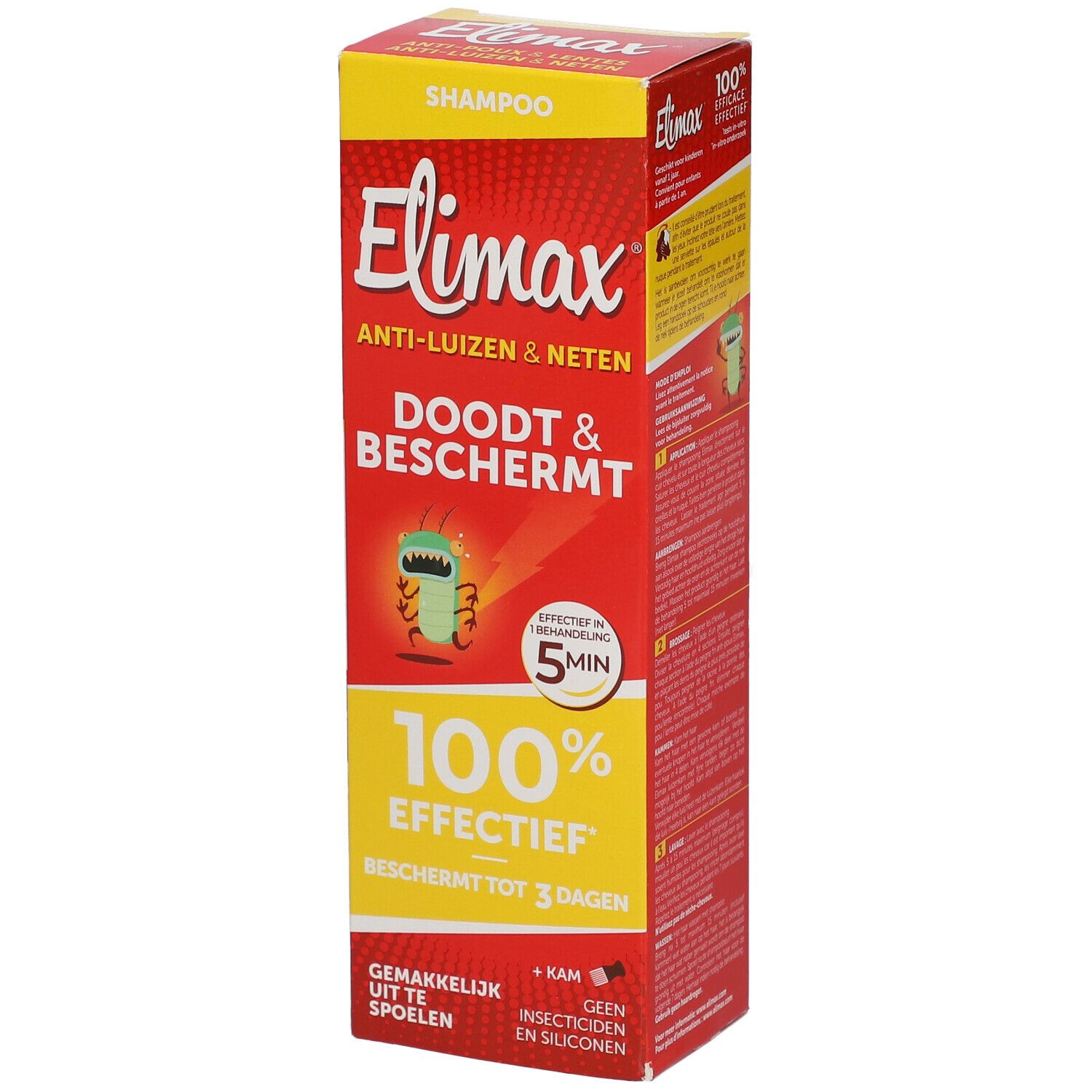 Elimax shampoo verpakking. Rode en gele doos met productnaam en logo's. Tekst: DOODT & BESCHERMT, 100% EFFECTIEF, effectief in 5 min.