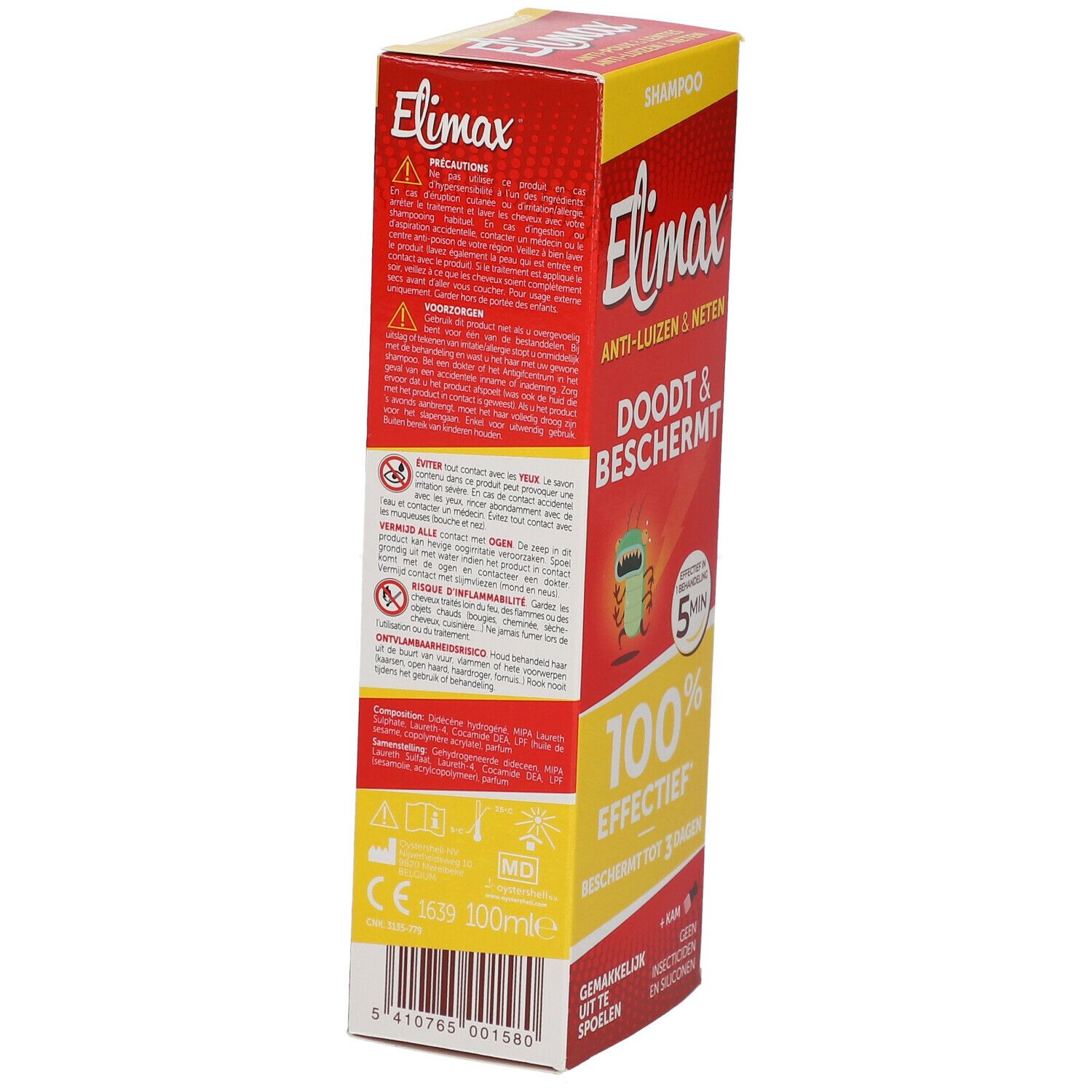 Zijaanzicht van de Elimax shampoo verpakking. Rode doos met tekst en logo's. Bevat informatie over het product en gebruik.