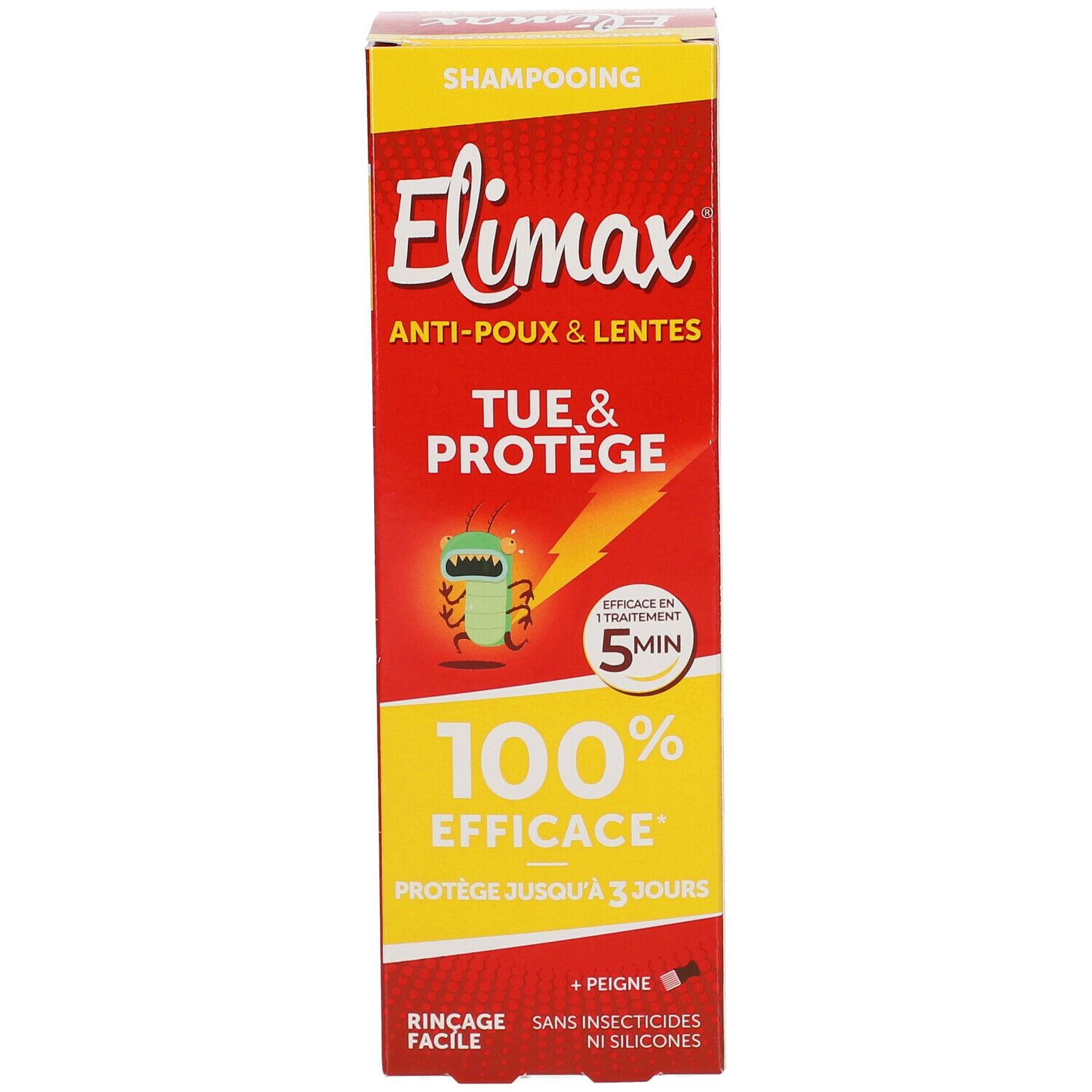 Elimax shampoo verpakking. Rode en gele doos met productnaam en logo's. Tekst: TUE & PROTEGE, 100% EFFICACE, effectief in 5 min.