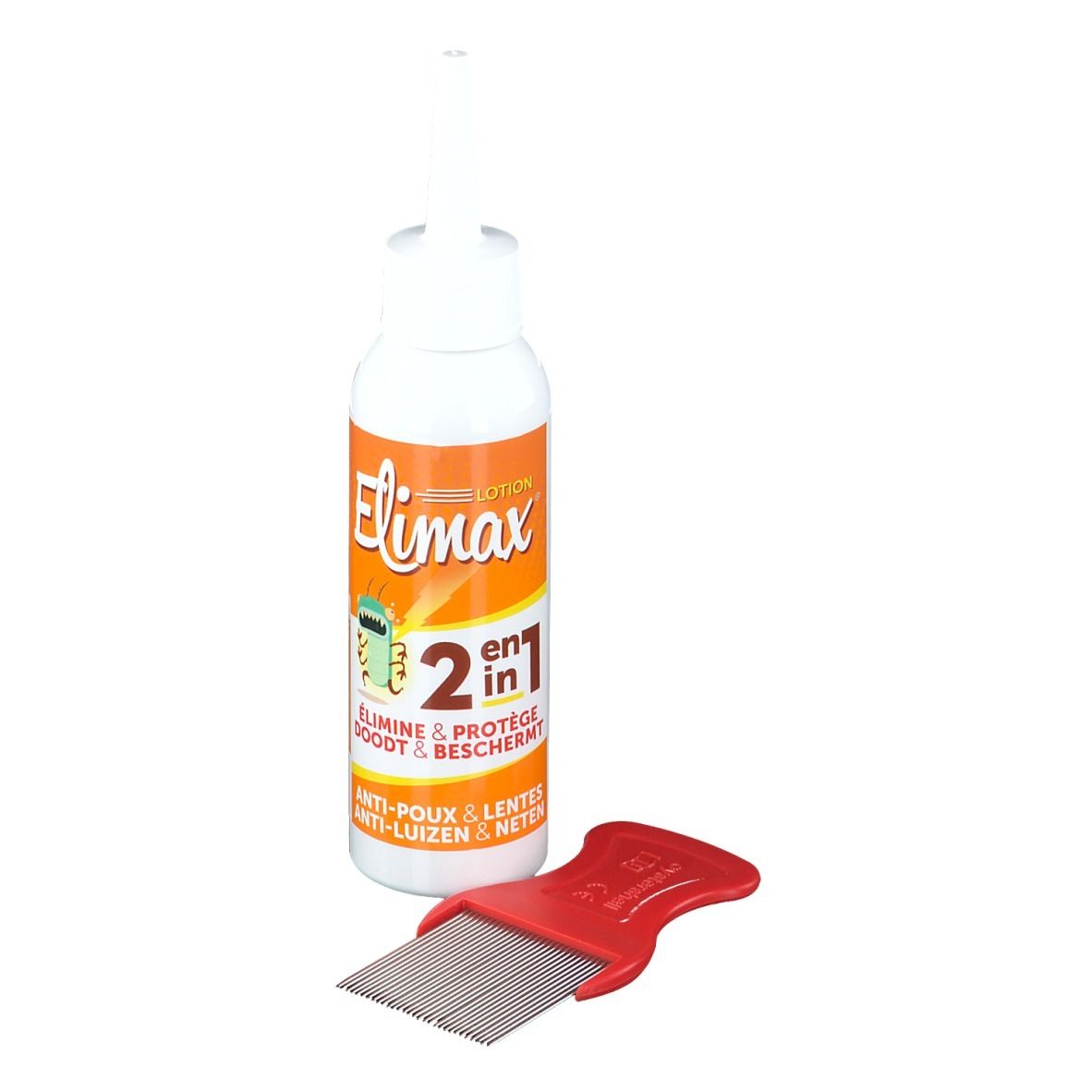 Flacon blanc avec étiquette orange et peigne rouge. L'étiquette indique "Elimax".