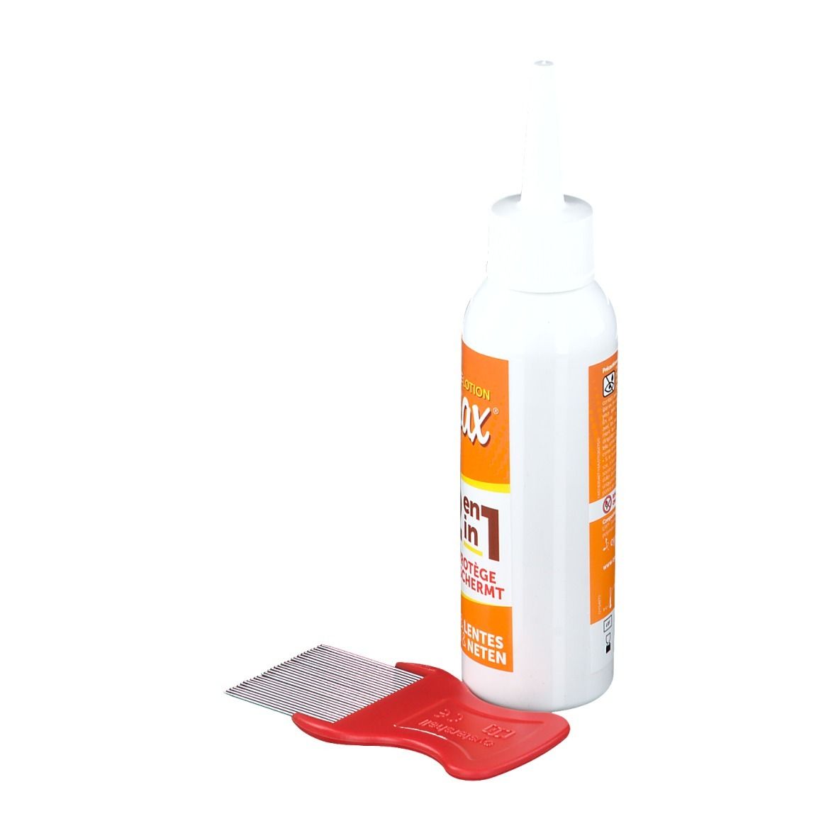 Flacon blanc avec étiquette orange et peigne rouge. L'étiquette indique "Elimax".