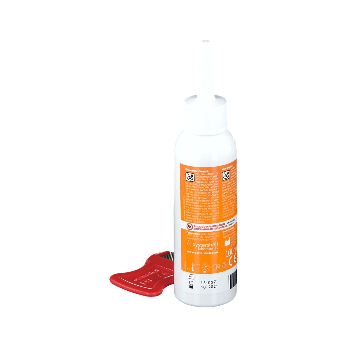 Flacon blanc avec étiquette orange et peigne rouge. L'étiquette indique "Elimax".