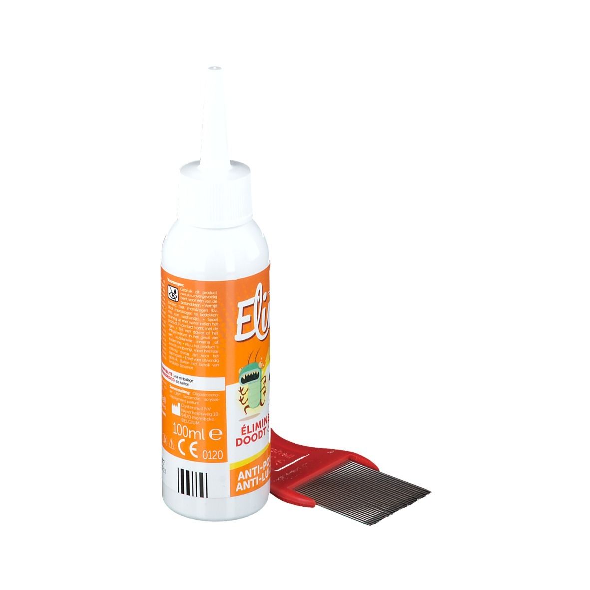 Flacon blanc avec étiquette orange et peigne rouge. L'étiquette indique "Elimax".