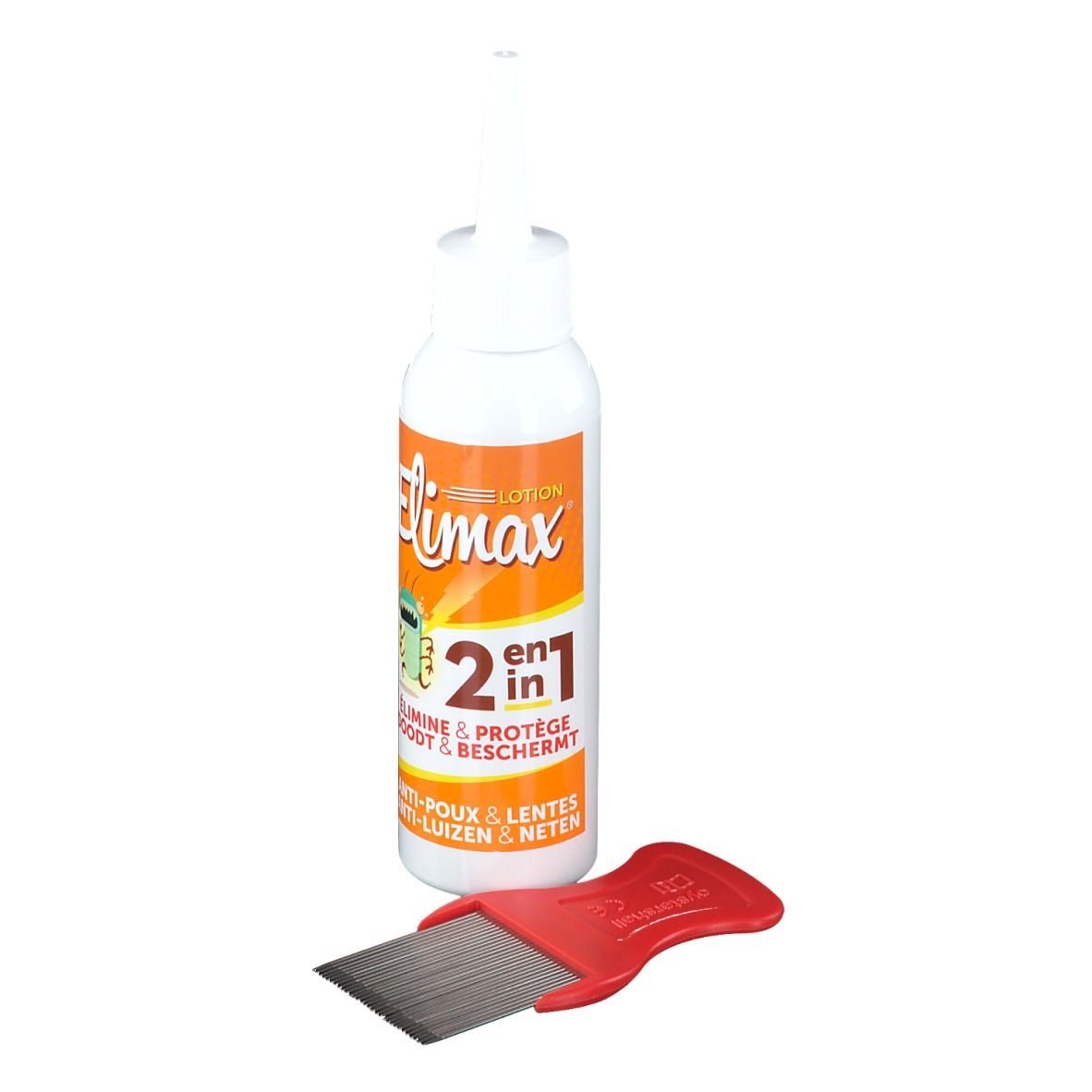 Flacon blanc avec étiquette orange et peigne rouge. L'étiquette indique "Elimax".