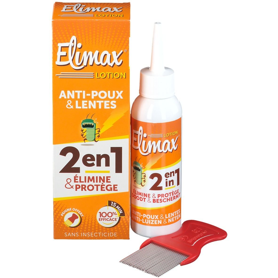 Emballage du produit Elimax avec flacon et peigne. Emballage orange avec nom et logo du produit.