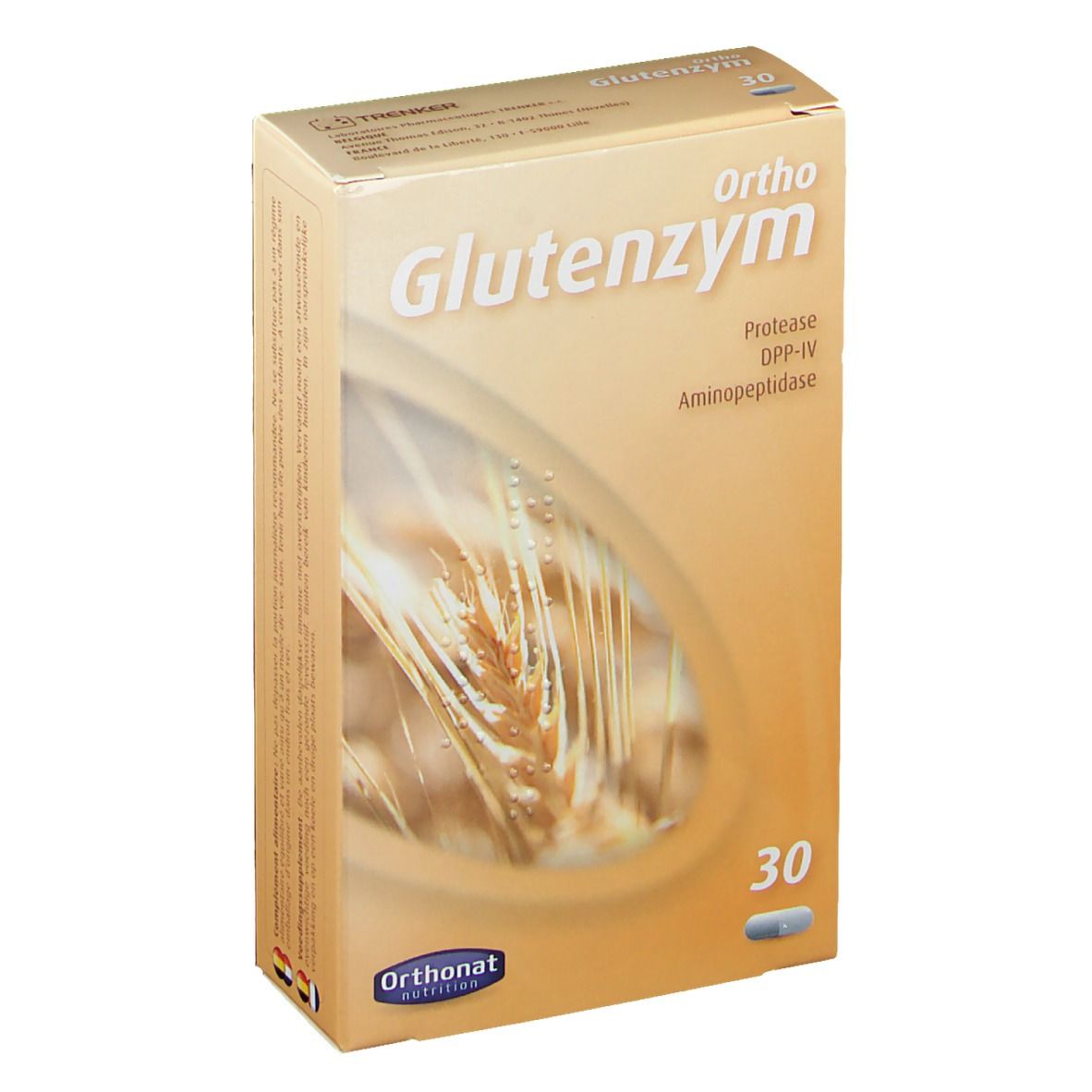 Boîte Ortho Glutenzym. Inscriptions : Protéase, DPP-IV, Aminopeptidase. 30 comprimés. Marque : Ortho Nutrition.