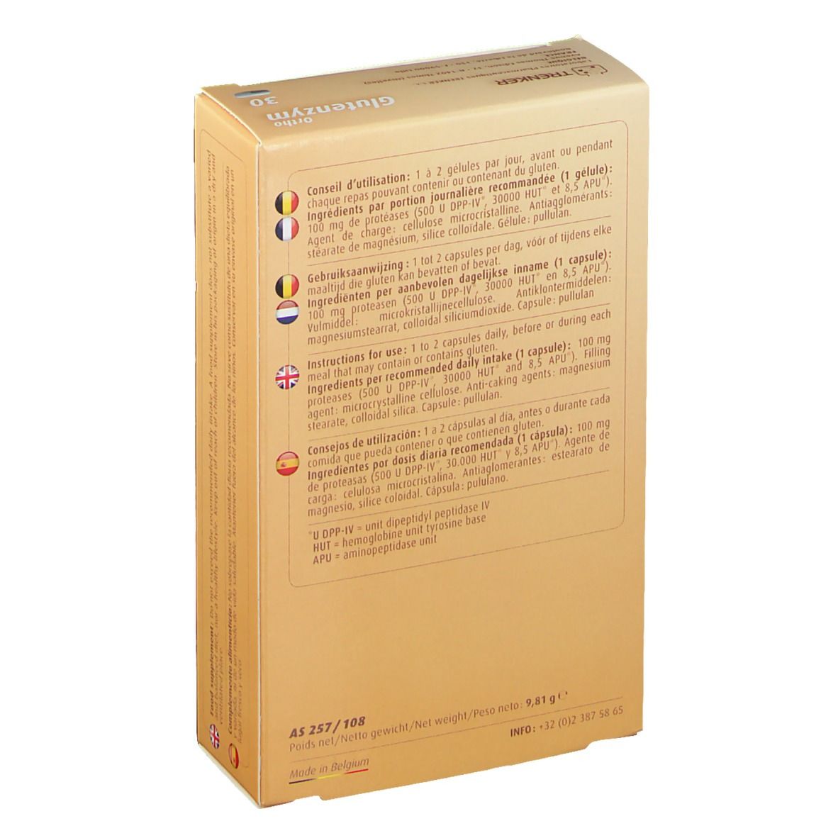 Dos de la boîte Ortho Glutenzym. Texte multilingue. Contient des informations sur l'utilisation et les ingrédients.